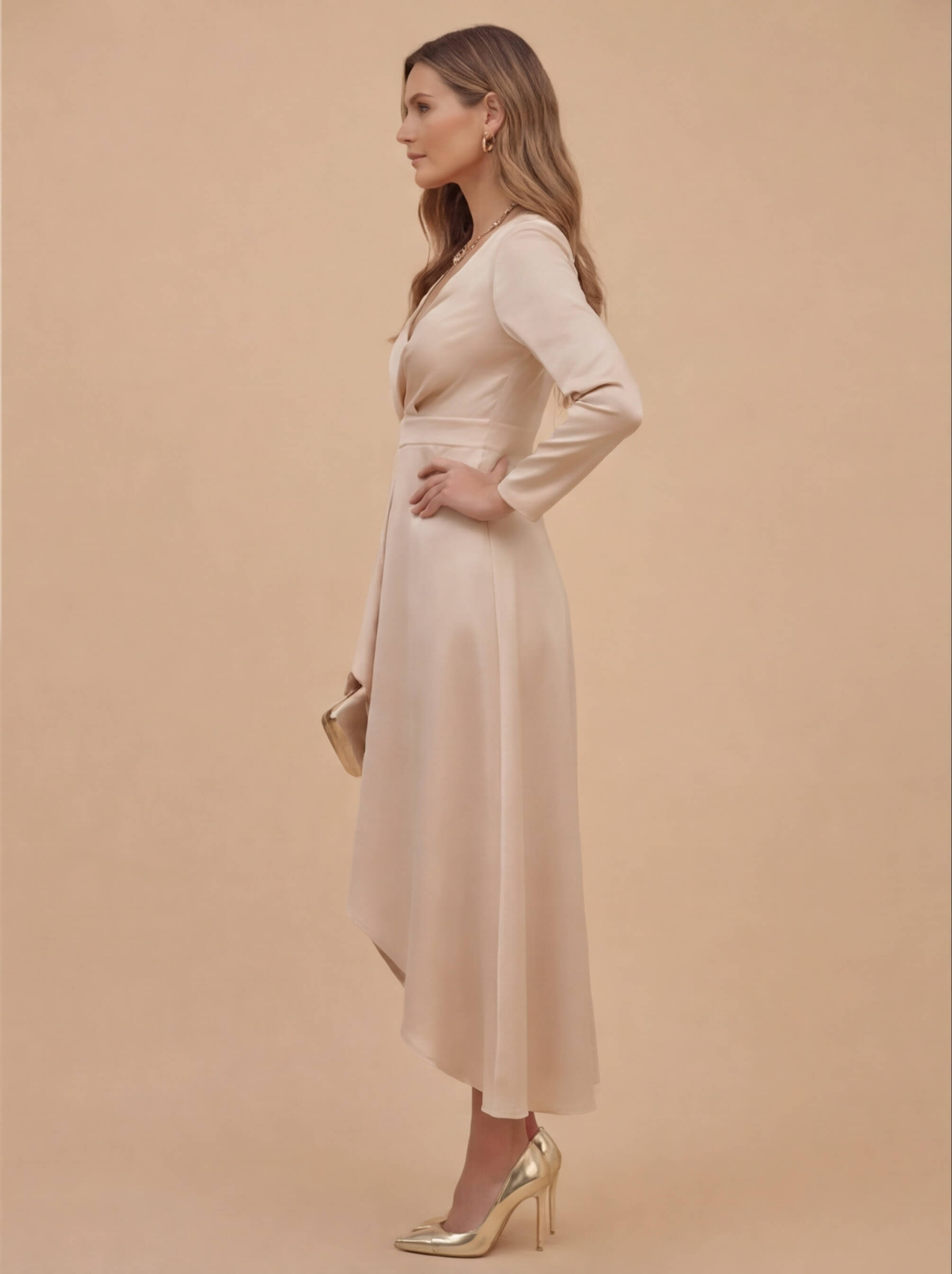 Damen Midi Kleid – Eleganter V-Ausschnitt & Asymmetrischer Saum