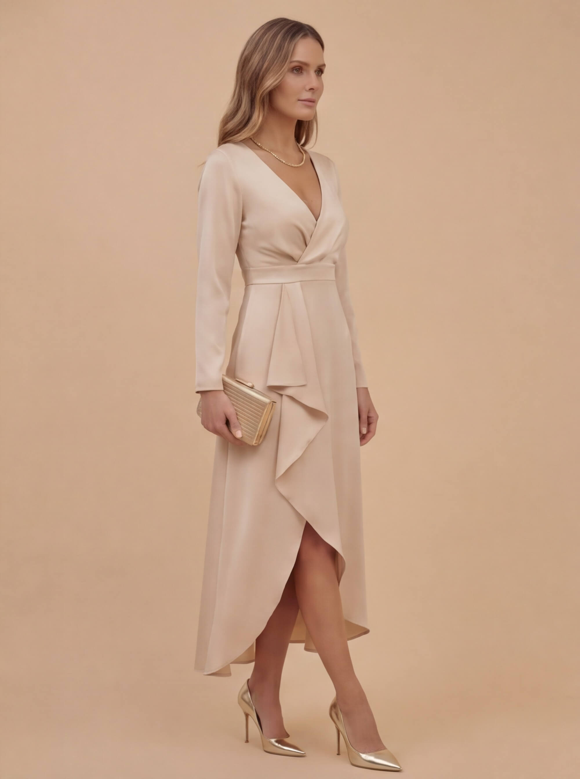 Damen Midi Kleid – Eleganter V-Ausschnitt & Asymmetrischer Saum