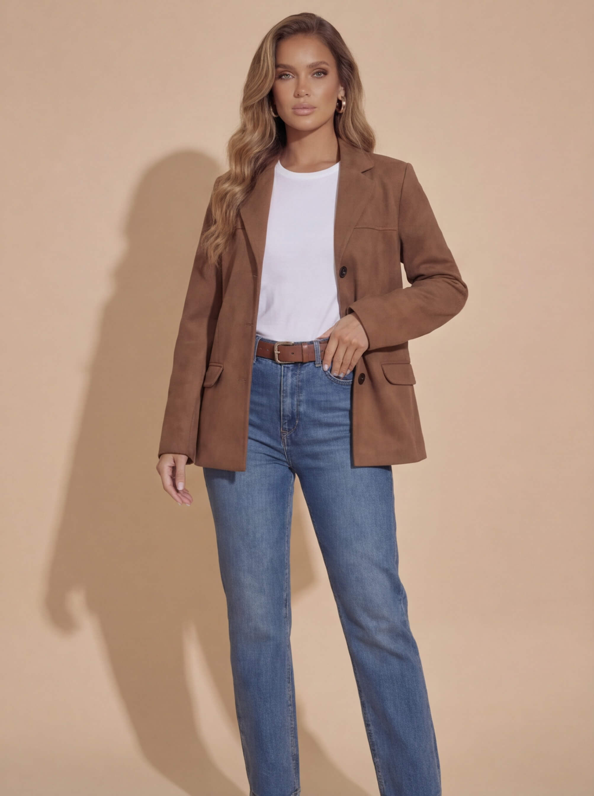 Damen Oversize Blazerjacke – Lässiger Veloursleder-Look
