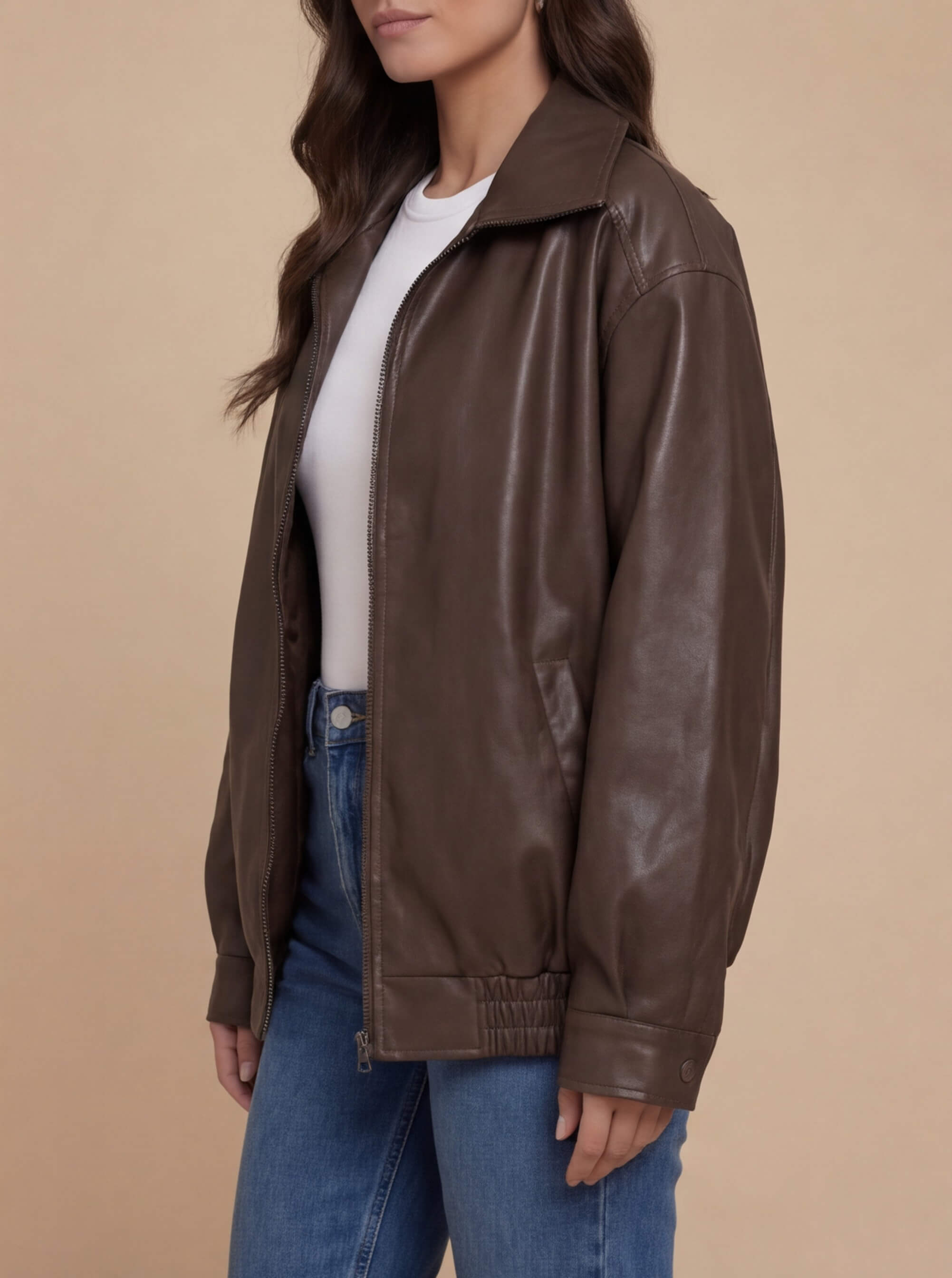 Damen Oversize Lederjacke – Weite PU Bomberjacke im Streetstyle-Look