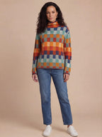 Damen Pullover – Warmer Strick mit Hohem Kragen & Modernem Karomuster