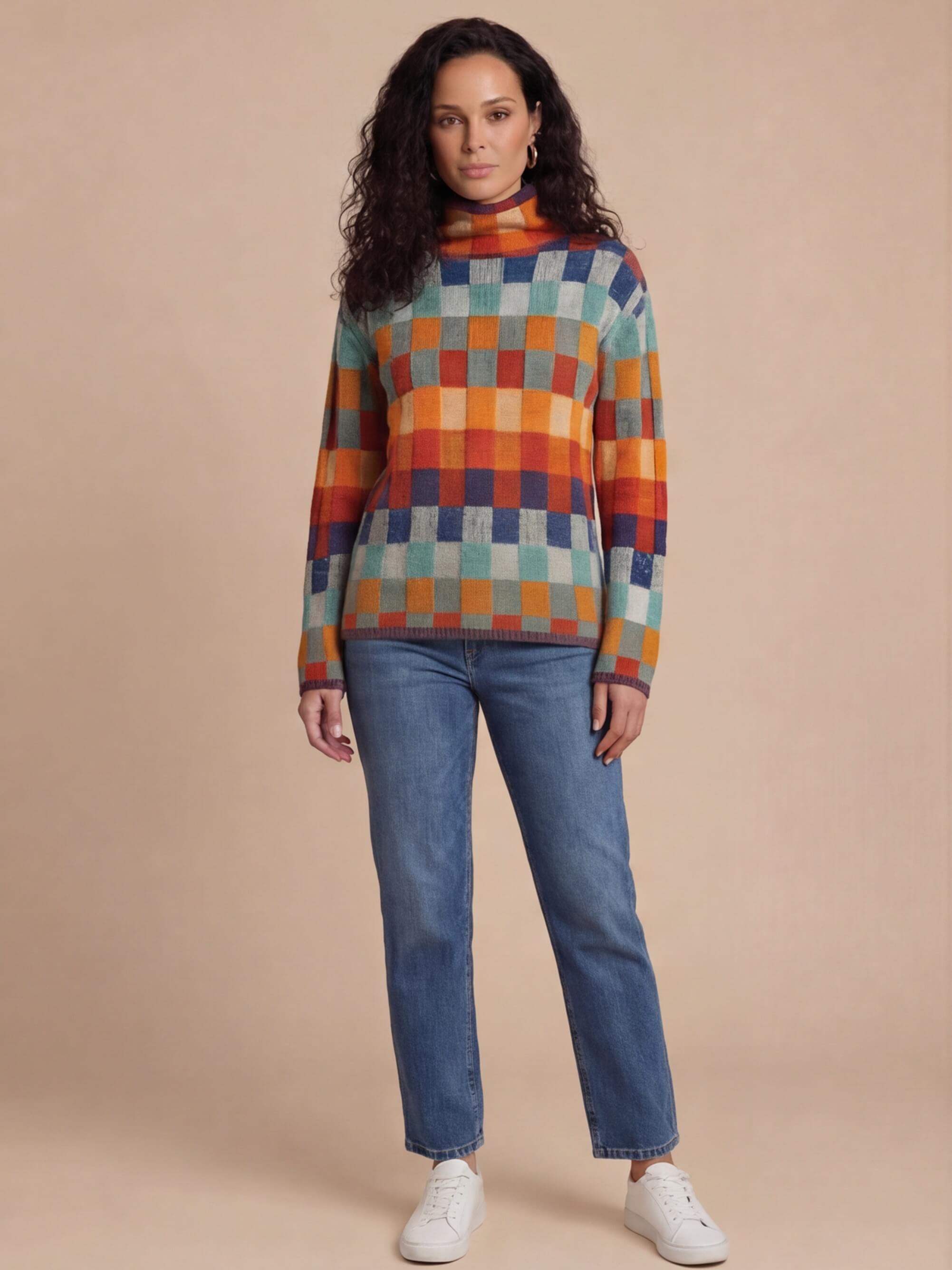 Damen Pullover – Warmer Strick mit Hohem Kragen & Modernem Karomuster