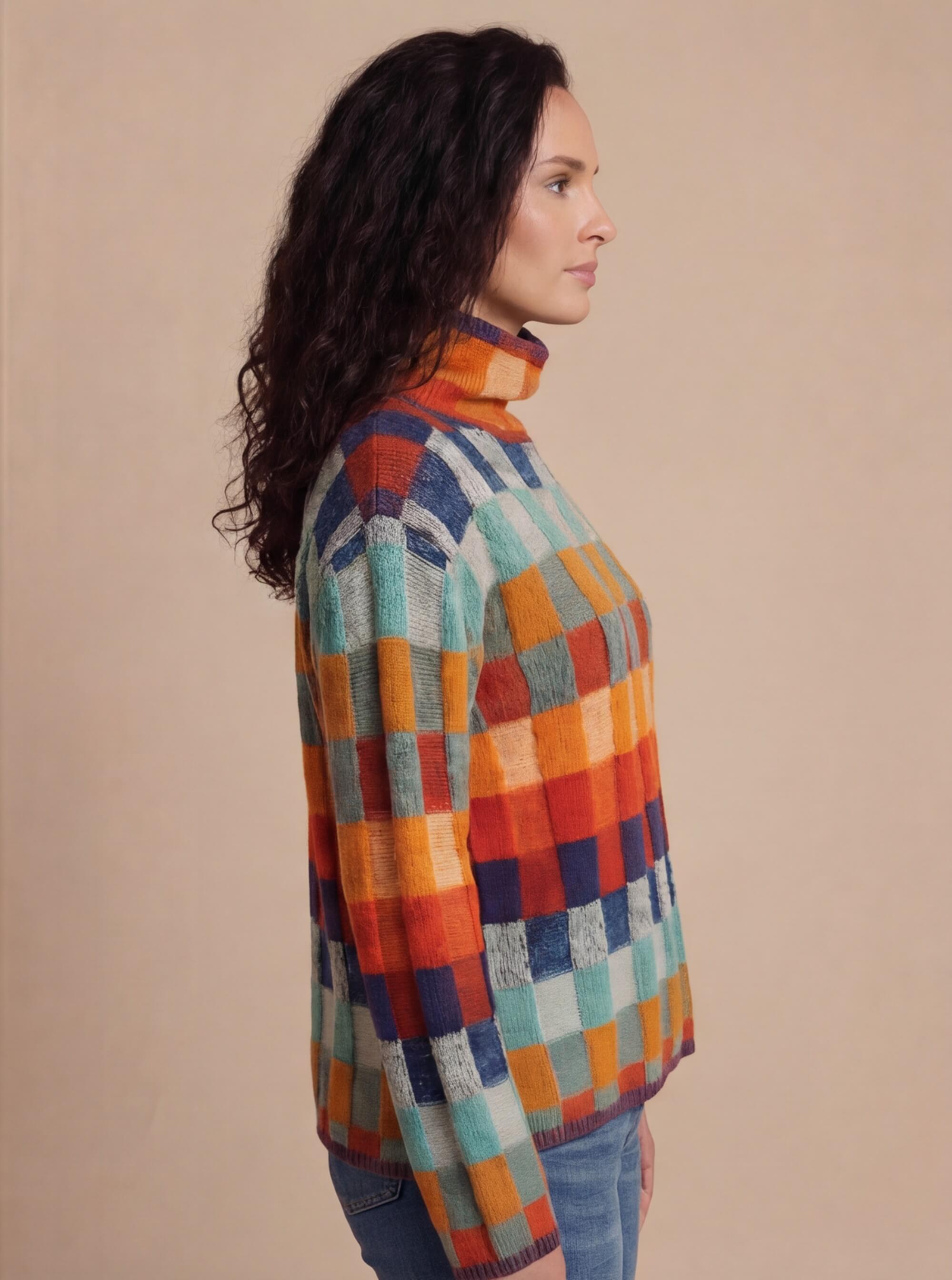 Damen Pullover – Warmer Strick mit Hohem Kragen & Modernem Karomuster