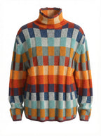 Damen Pullover – Warmer Strick mit Hohem Kragen & Modernem Karomuster