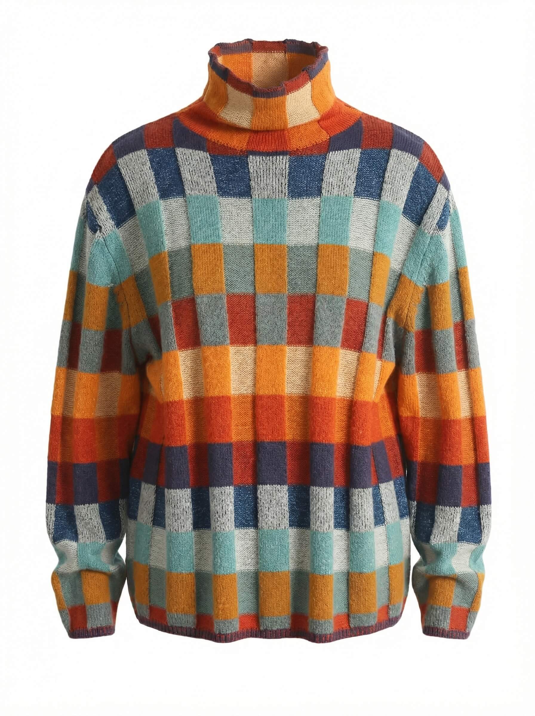 Damen Pullover – Warmer Strick mit Hohem Kragen & Modernem Karomuster