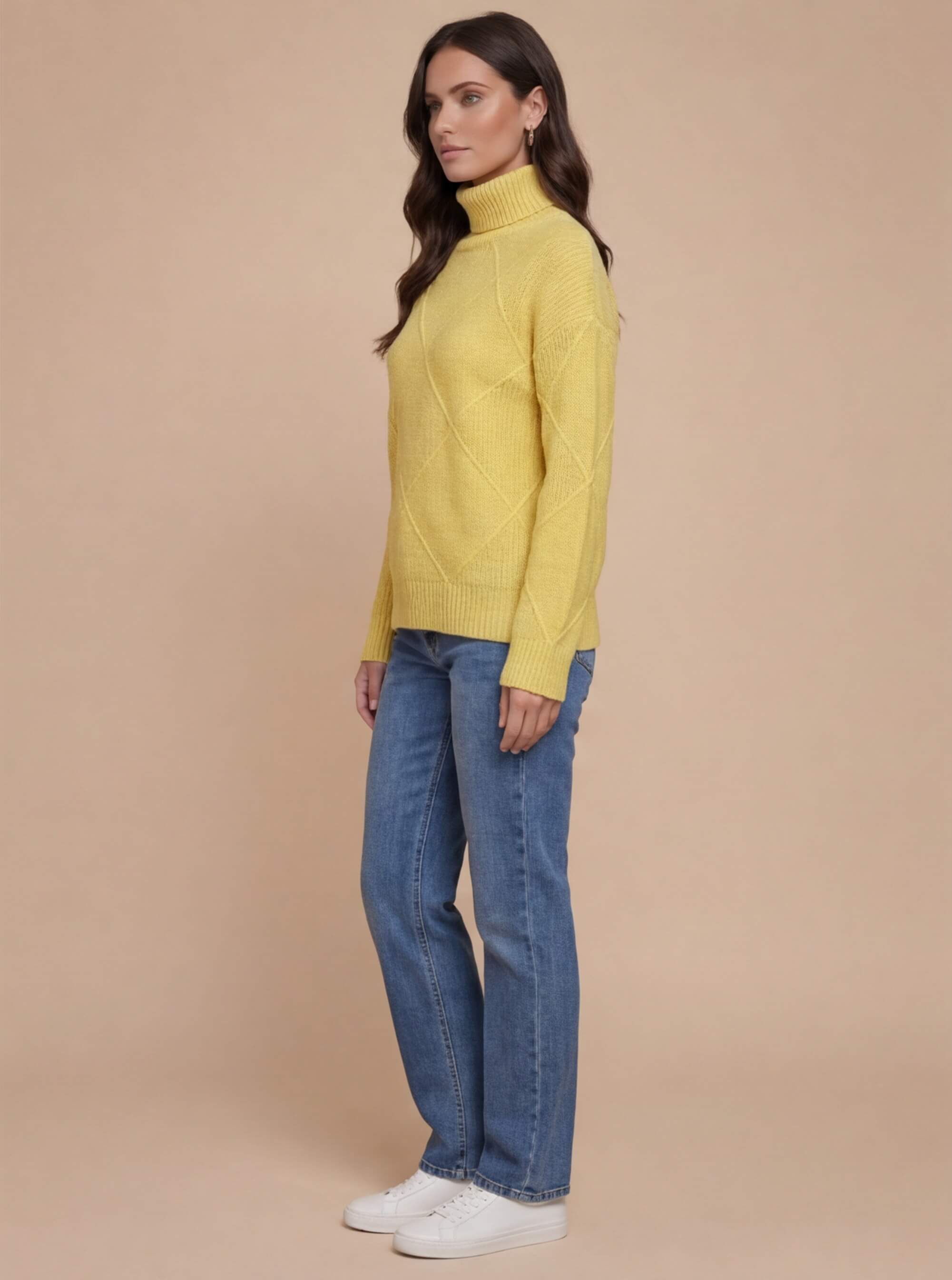 Damen Rollkragenpullover – Weicher Strukturstrick mit Rautenoptik