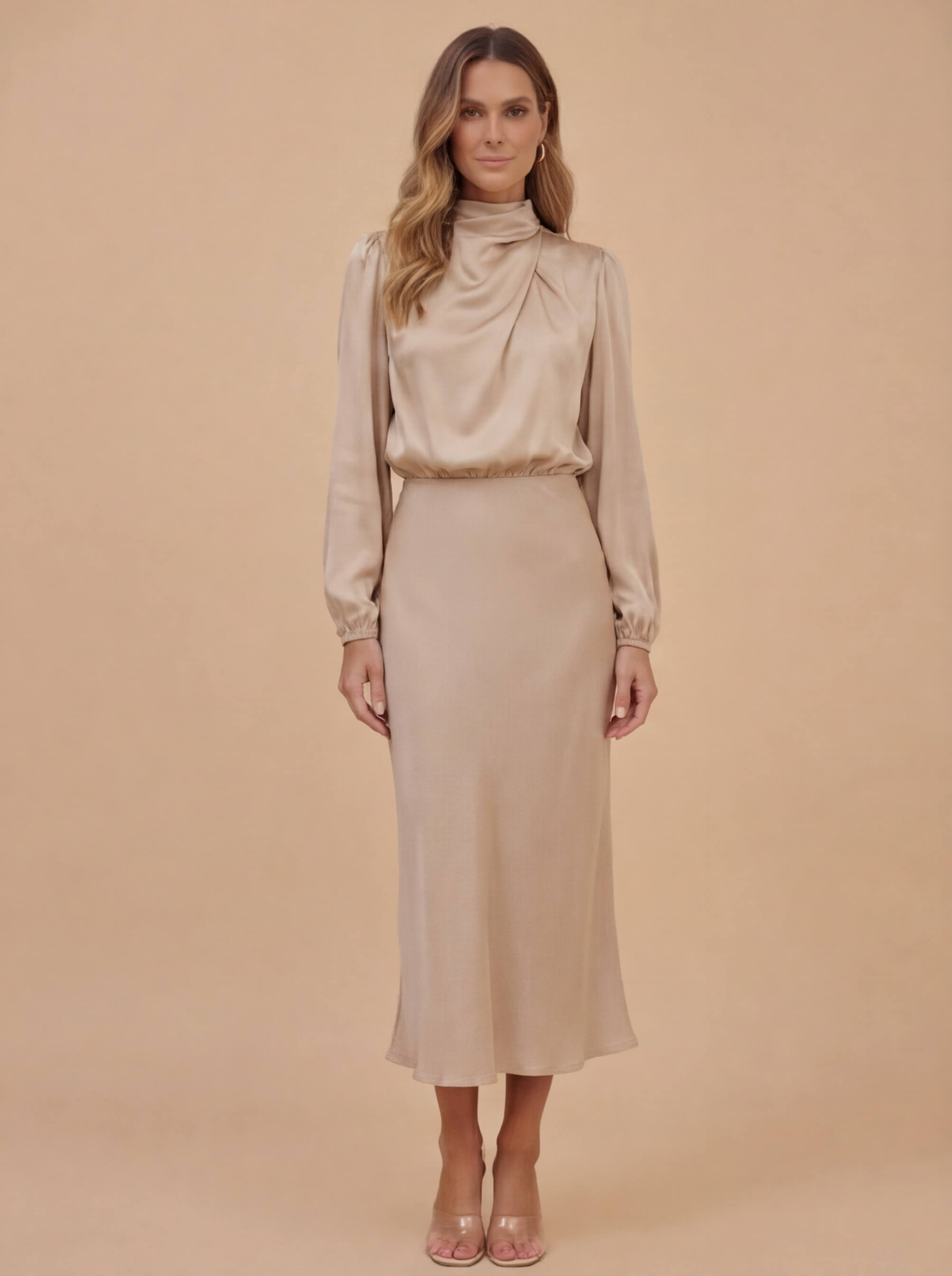 Damen Satin-Midikleid – Hoher Kragen & Elegante Silhouette