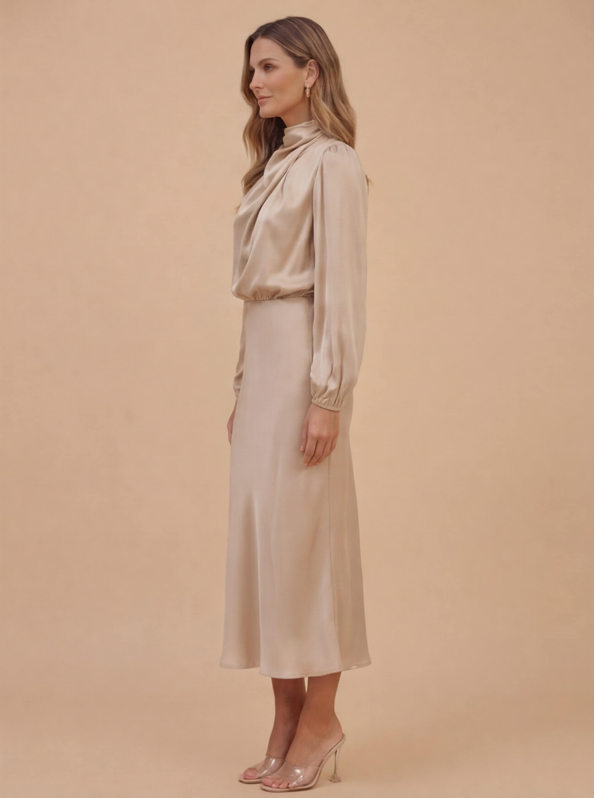 Damen Satin-Midikleid – Hoher Kragen & Elegante Silhouette