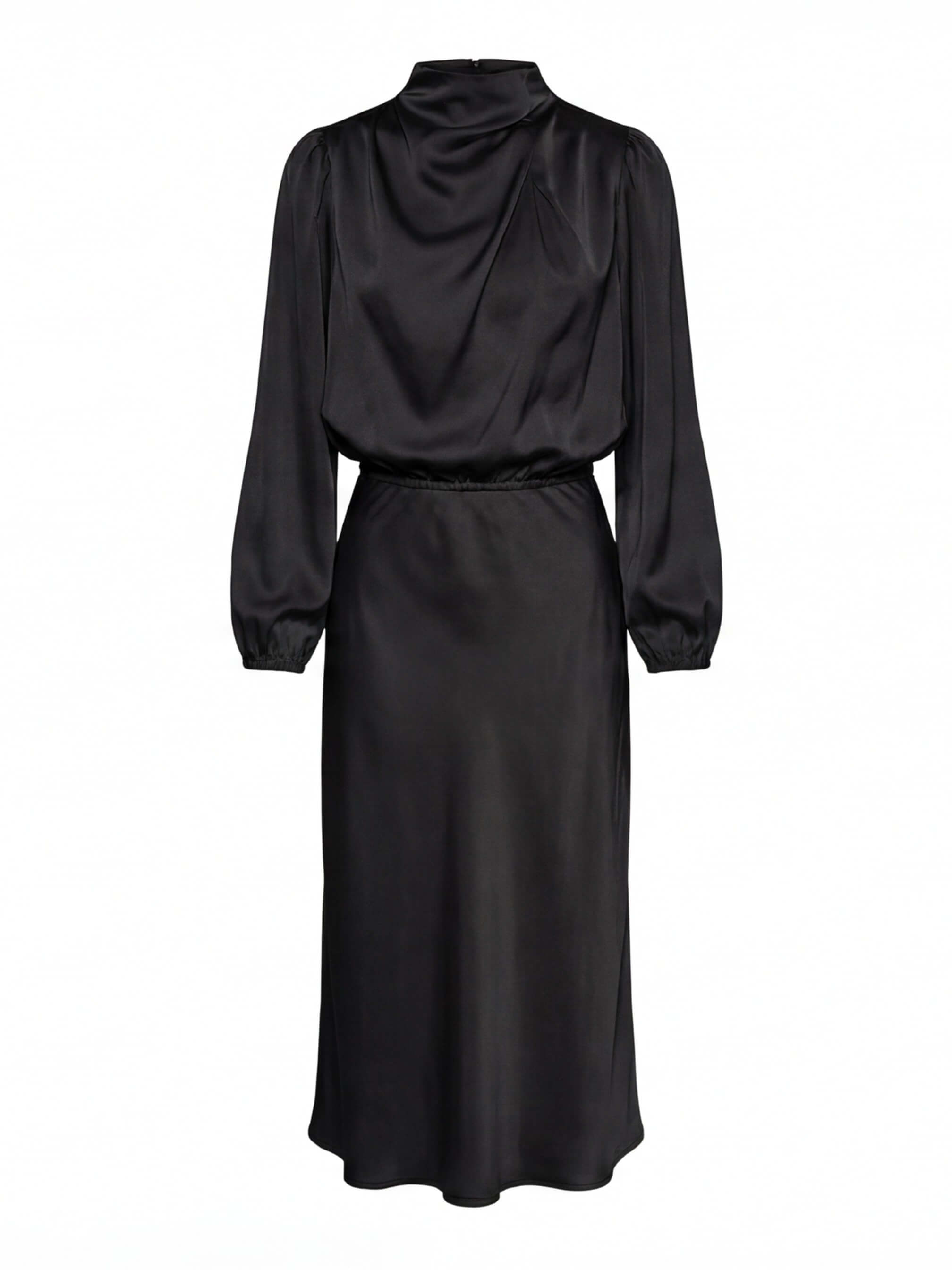 Damen Satin-Midikleid – Hoher Kragen & Elegante Silhouette