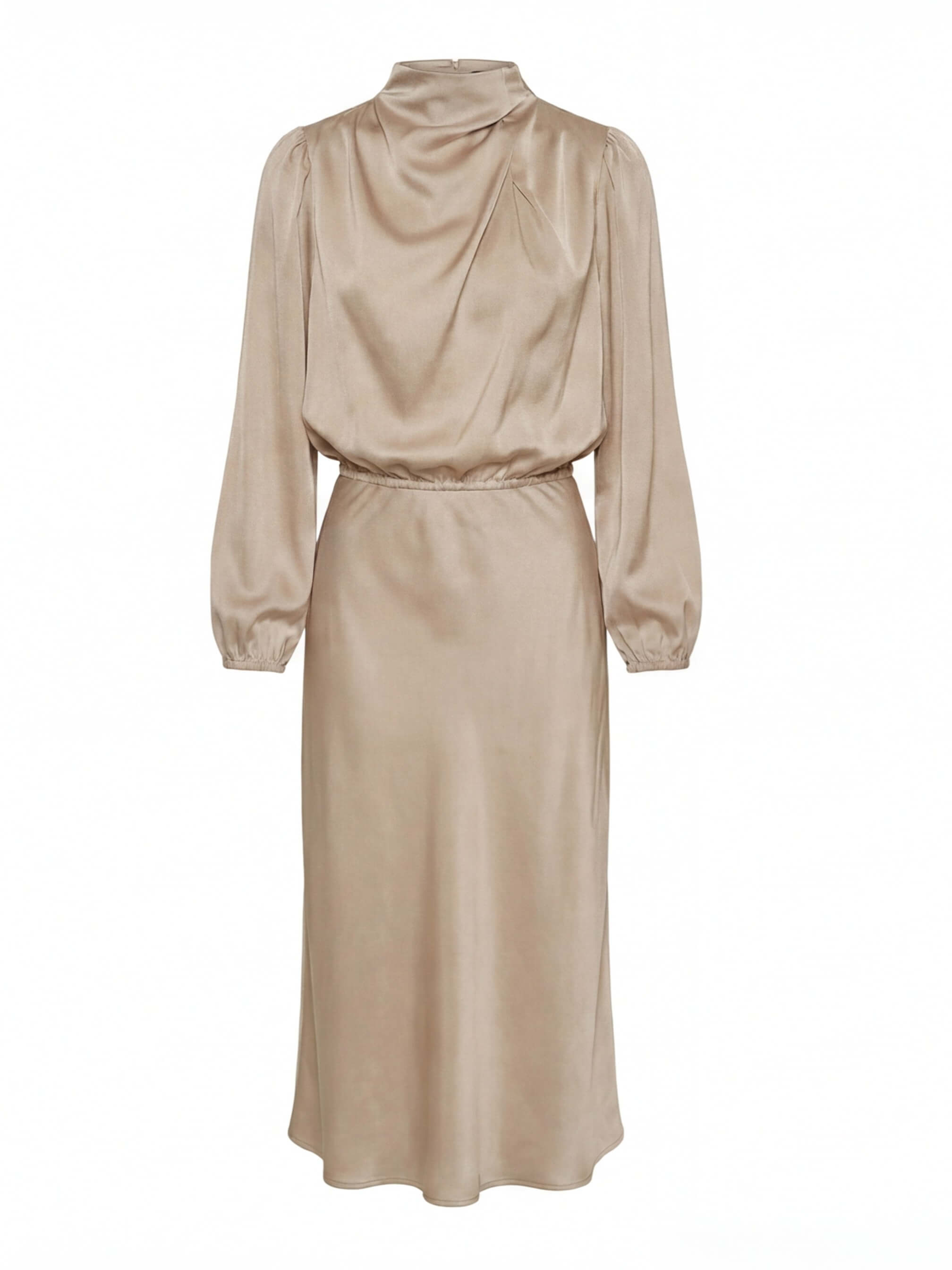 Damen Satin-Midikleid – Hoher Kragen & Elegante Silhouette