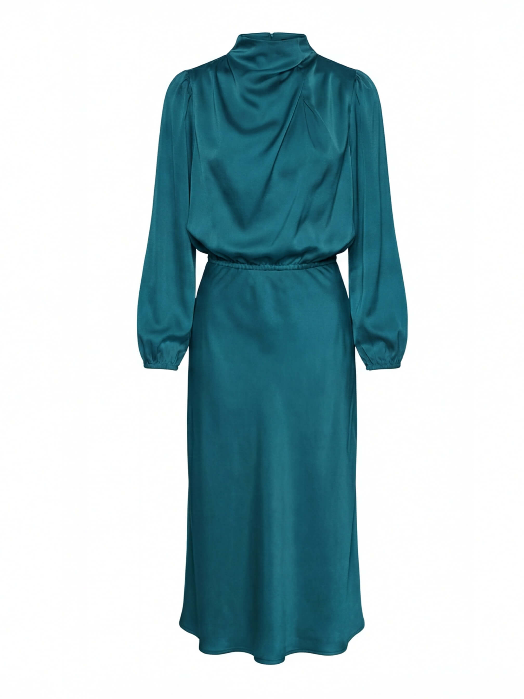 Damen Satin-Midikleid – Hoher Kragen & Elegante Silhouette