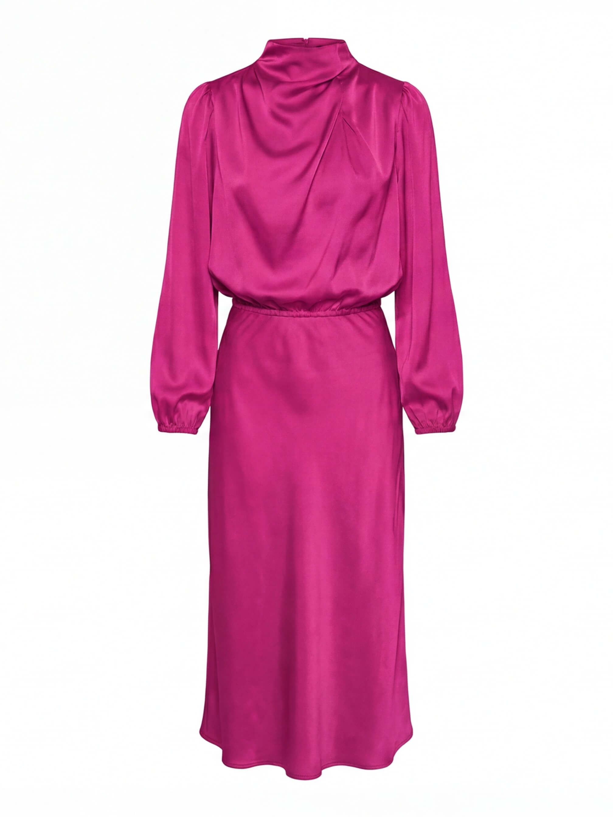 Damen Satin-Midikleid – Hoher Kragen & Elegante Silhouette
