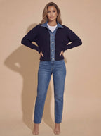 Damen Strickpullover – Navy Pullover mit Denim-Kragen