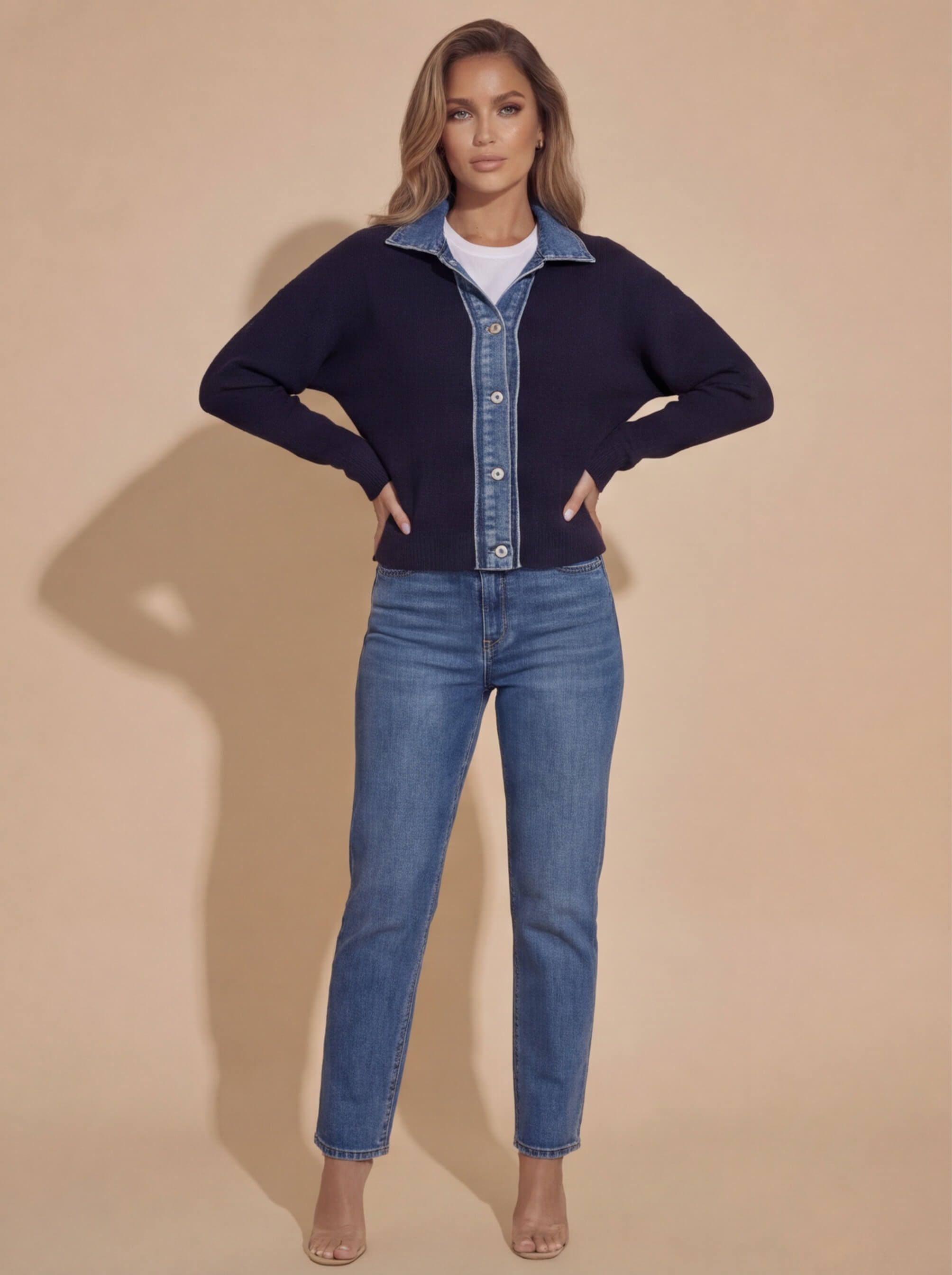 Damen Strickpullover – Navy Pullover mit Denim-Kragen