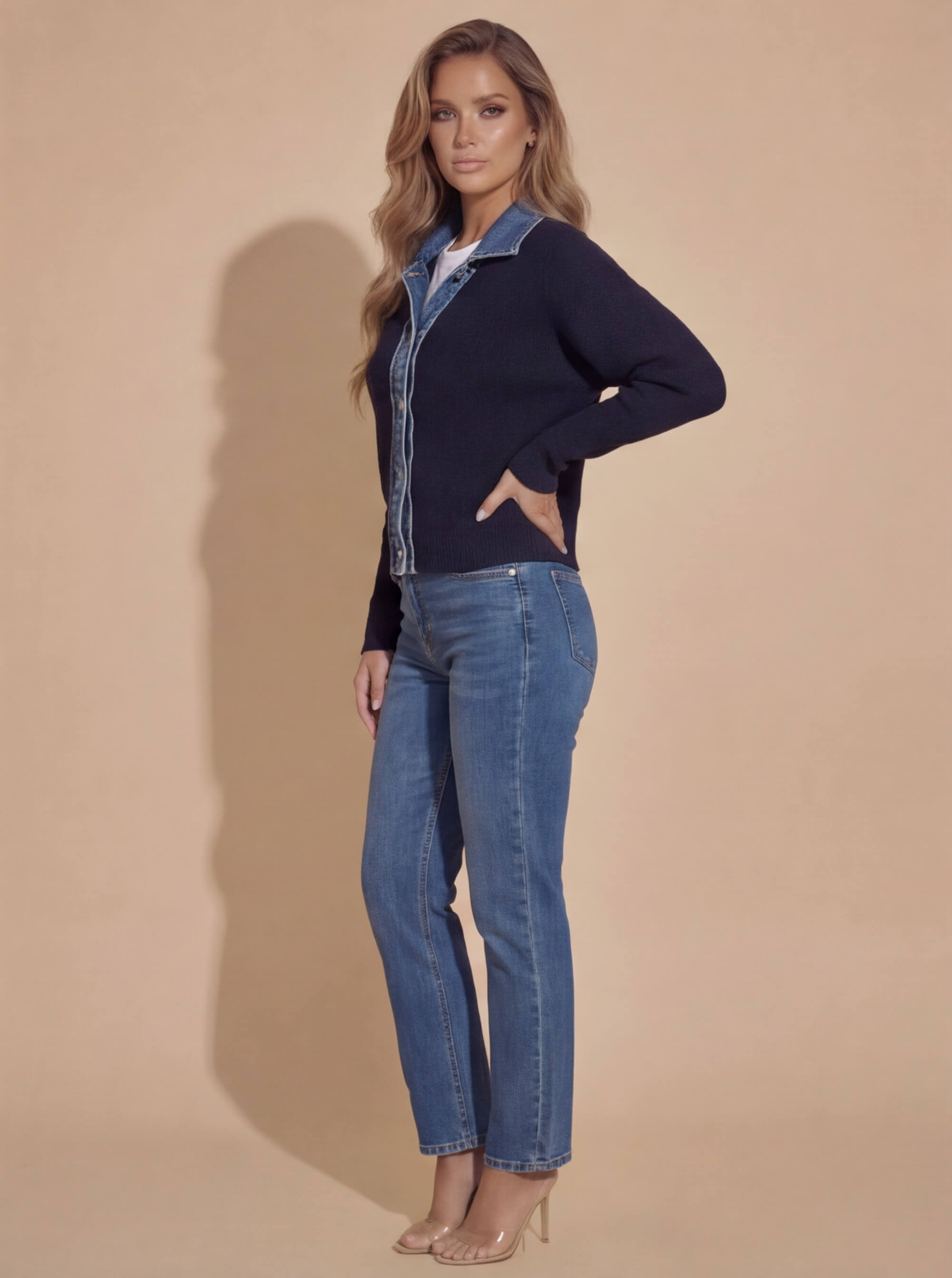 Damen Strickpullover – Navy Pullover mit Denim-Kragen