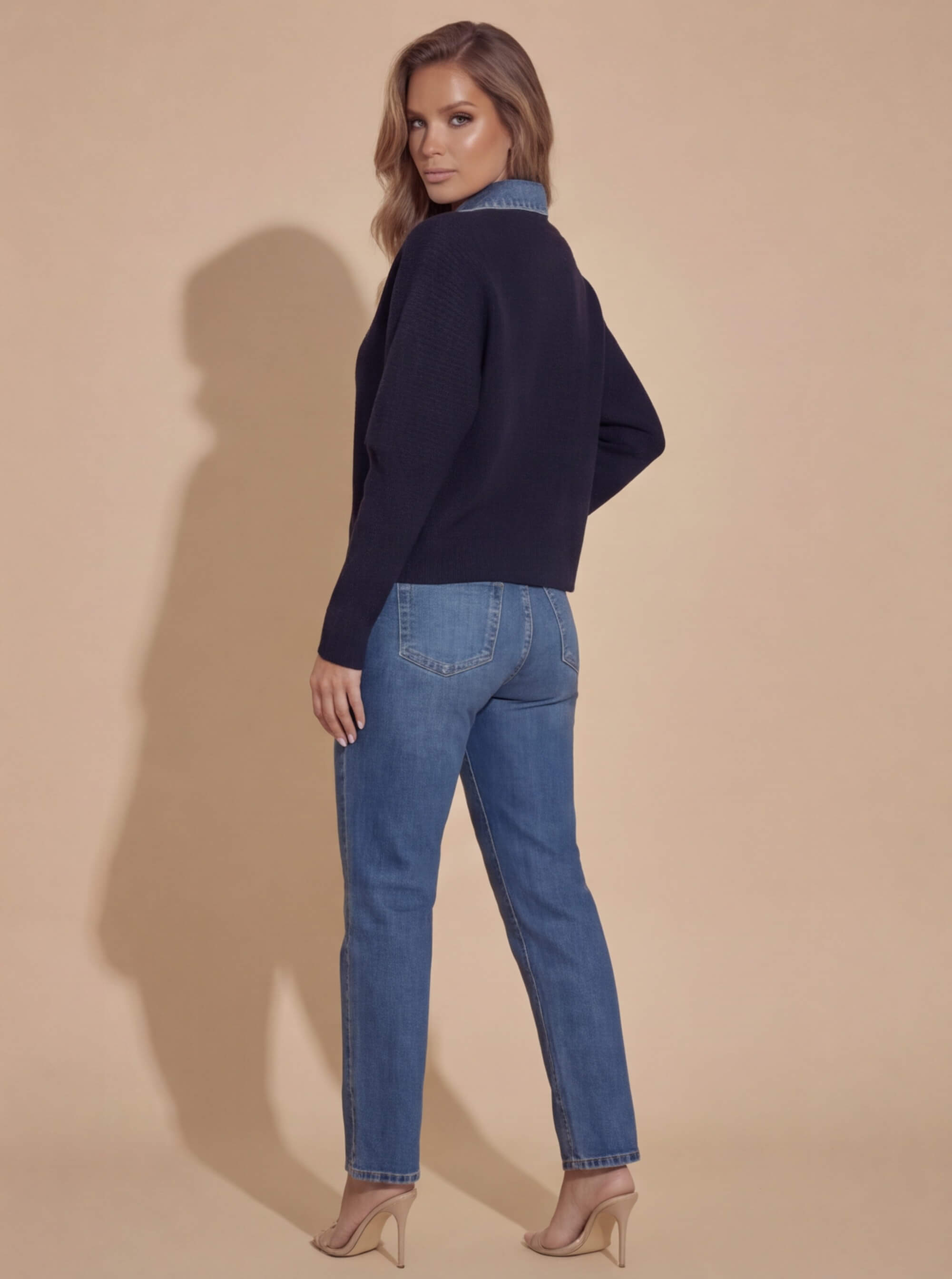 Damen Strickpullover – Navy Pullover mit Denim-Kragen