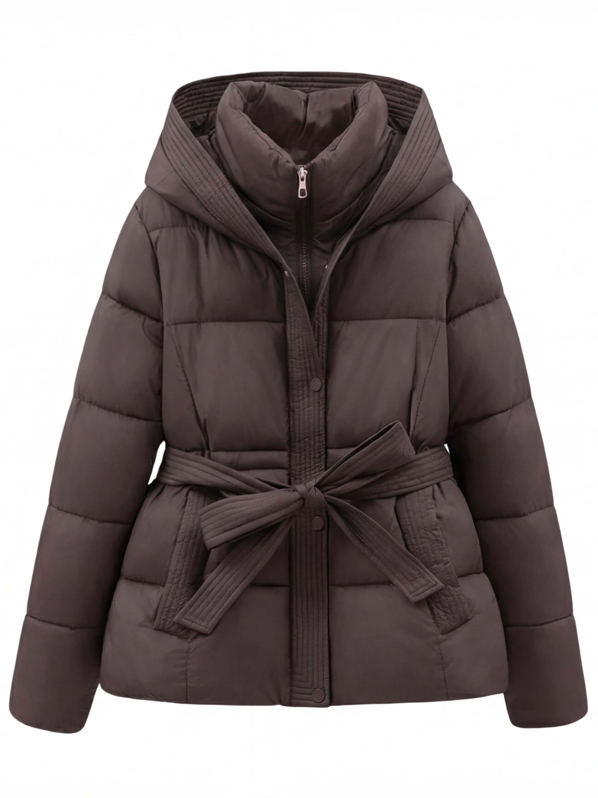 Damen Winter Steppjacke – Taillierte Kapuzenjacke mit Bindegürtel