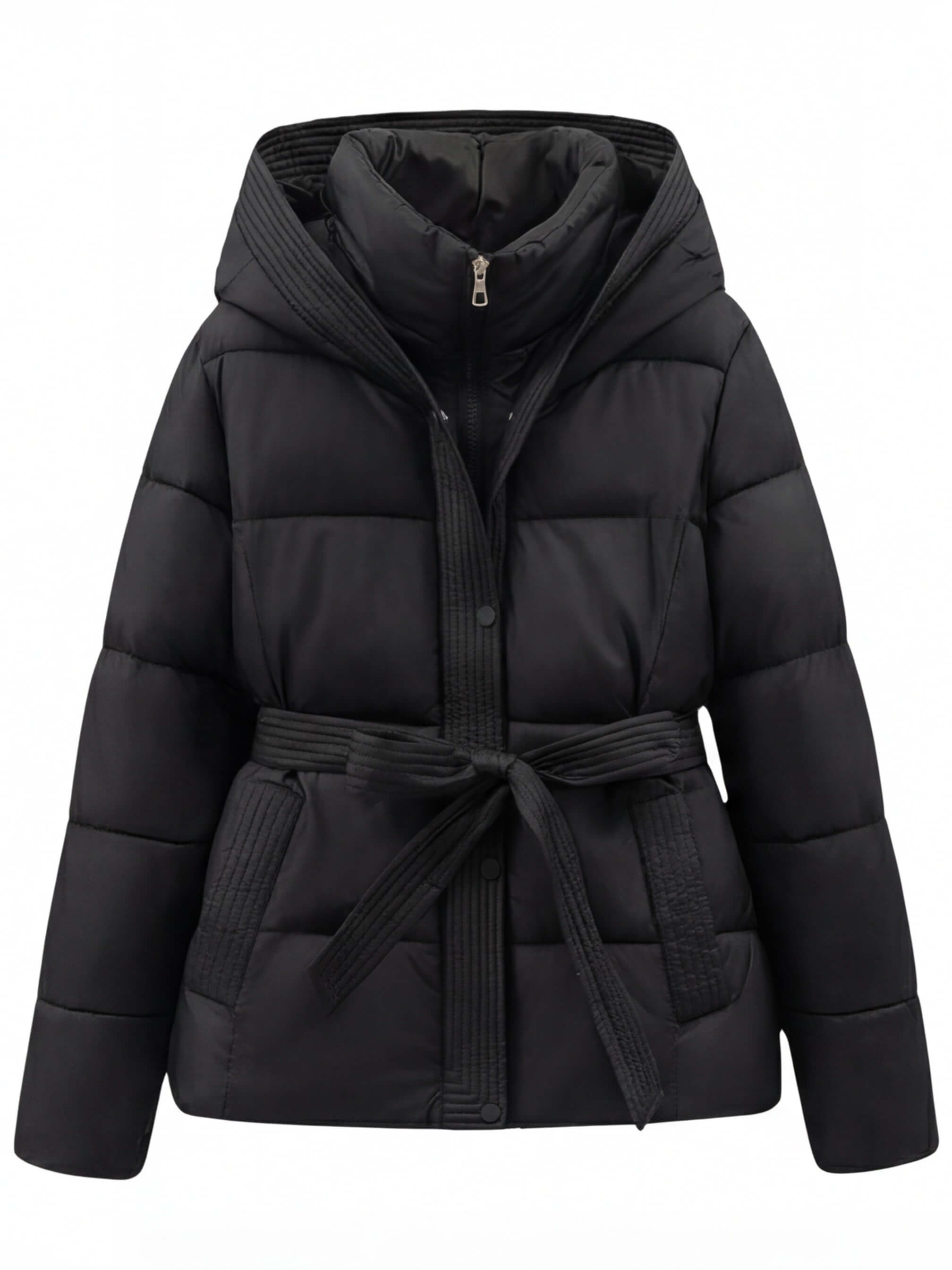 Damen Winter Steppjacke – Taillierte Kapuzenjacke mit Bindegürtel