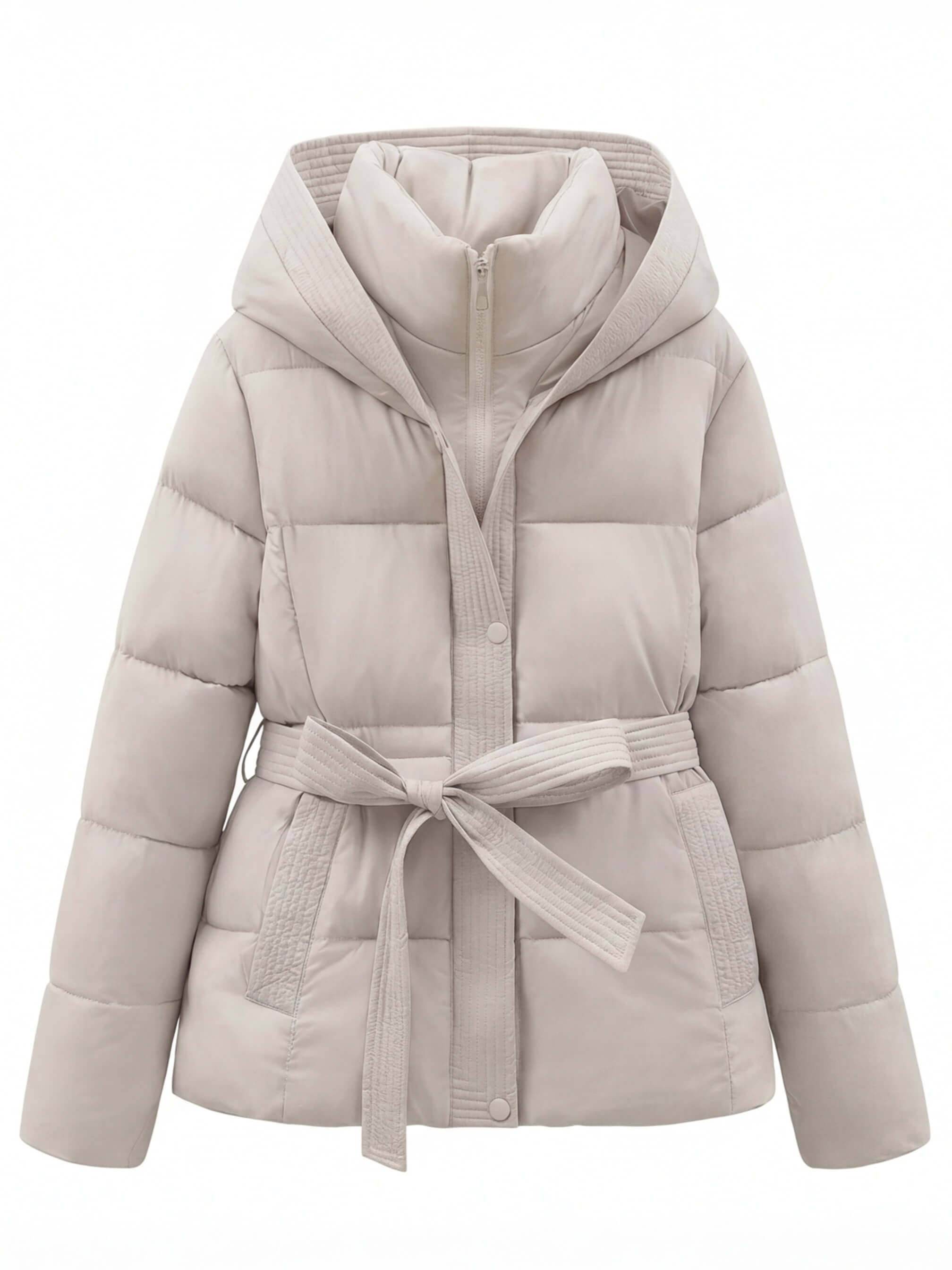 Damen Winter Steppjacke – Taillierte Kapuzenjacke mit Bindegürtel