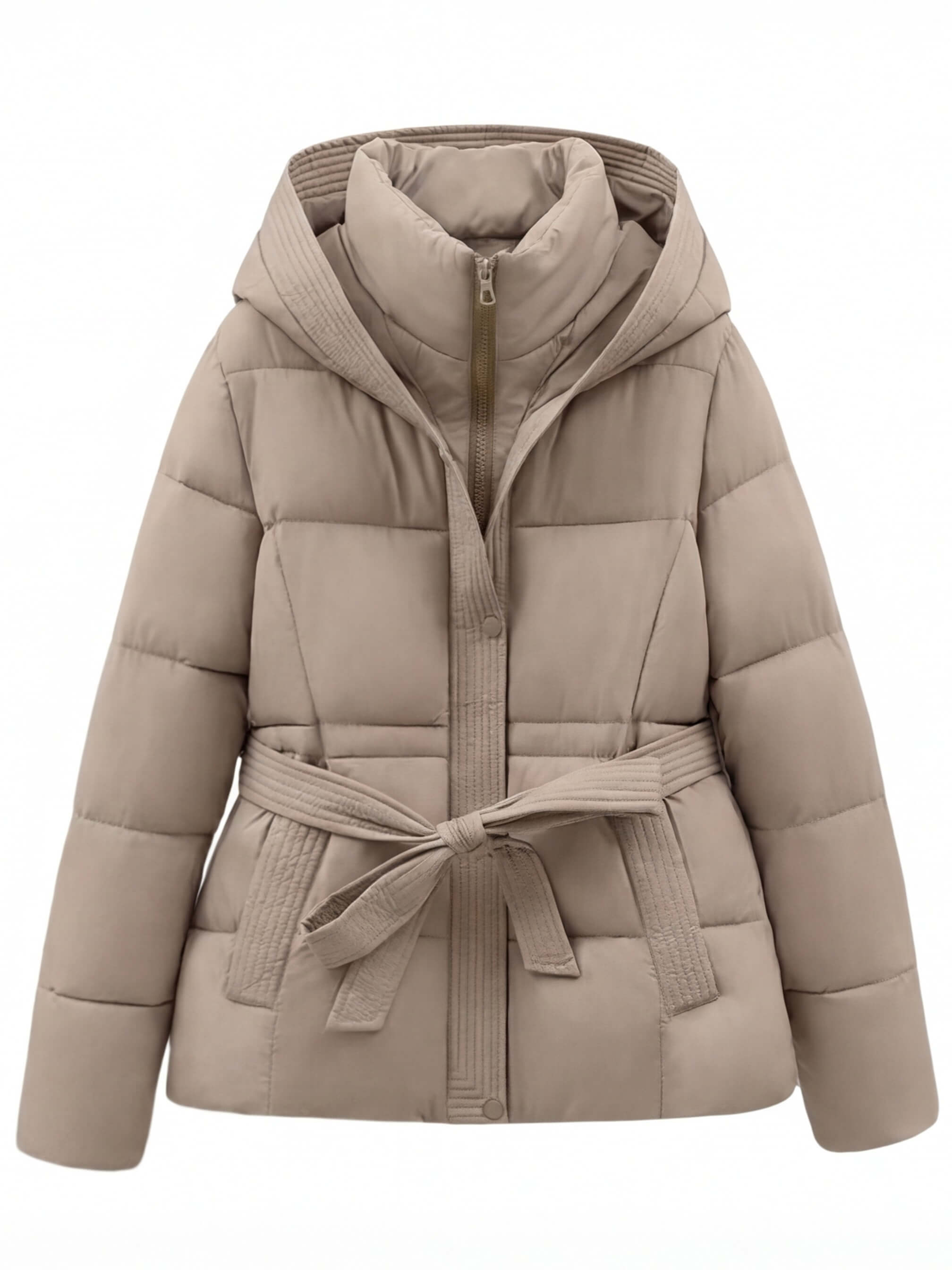 Damen Winter Steppjacke – Taillierte Kapuzenjacke mit Bindegürtel