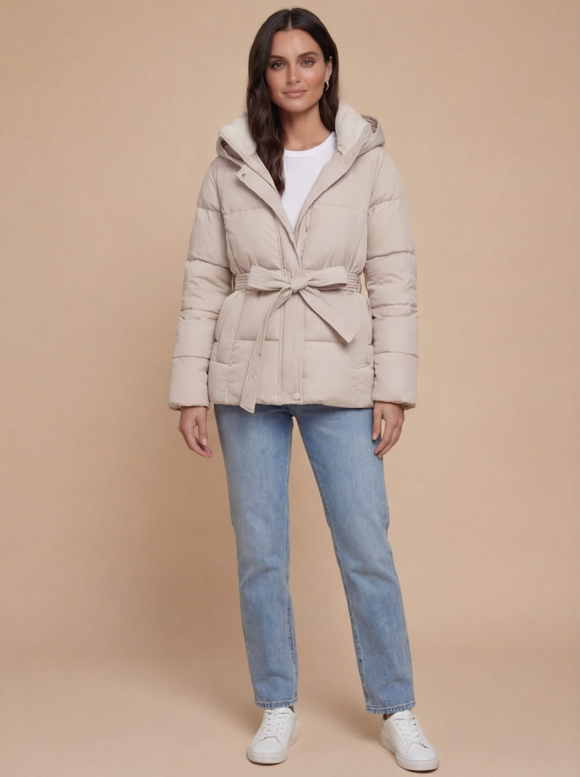 Damen Winter Steppjacke – Taillierte Kapuzenjacke mit Bindegürtel