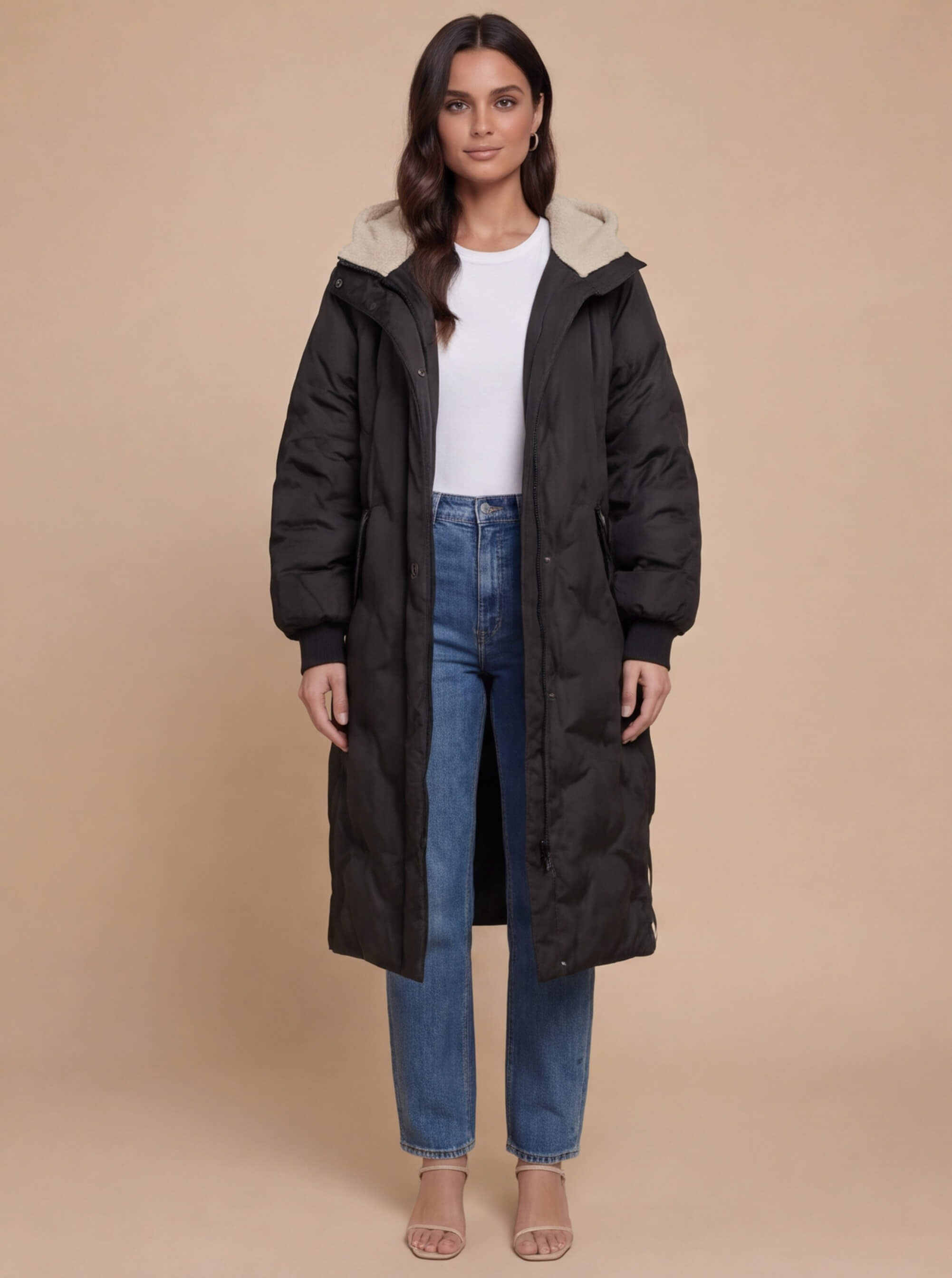 Damen Winter Steppmantel – Langer Oversize Puffer Coat mit Kapuze