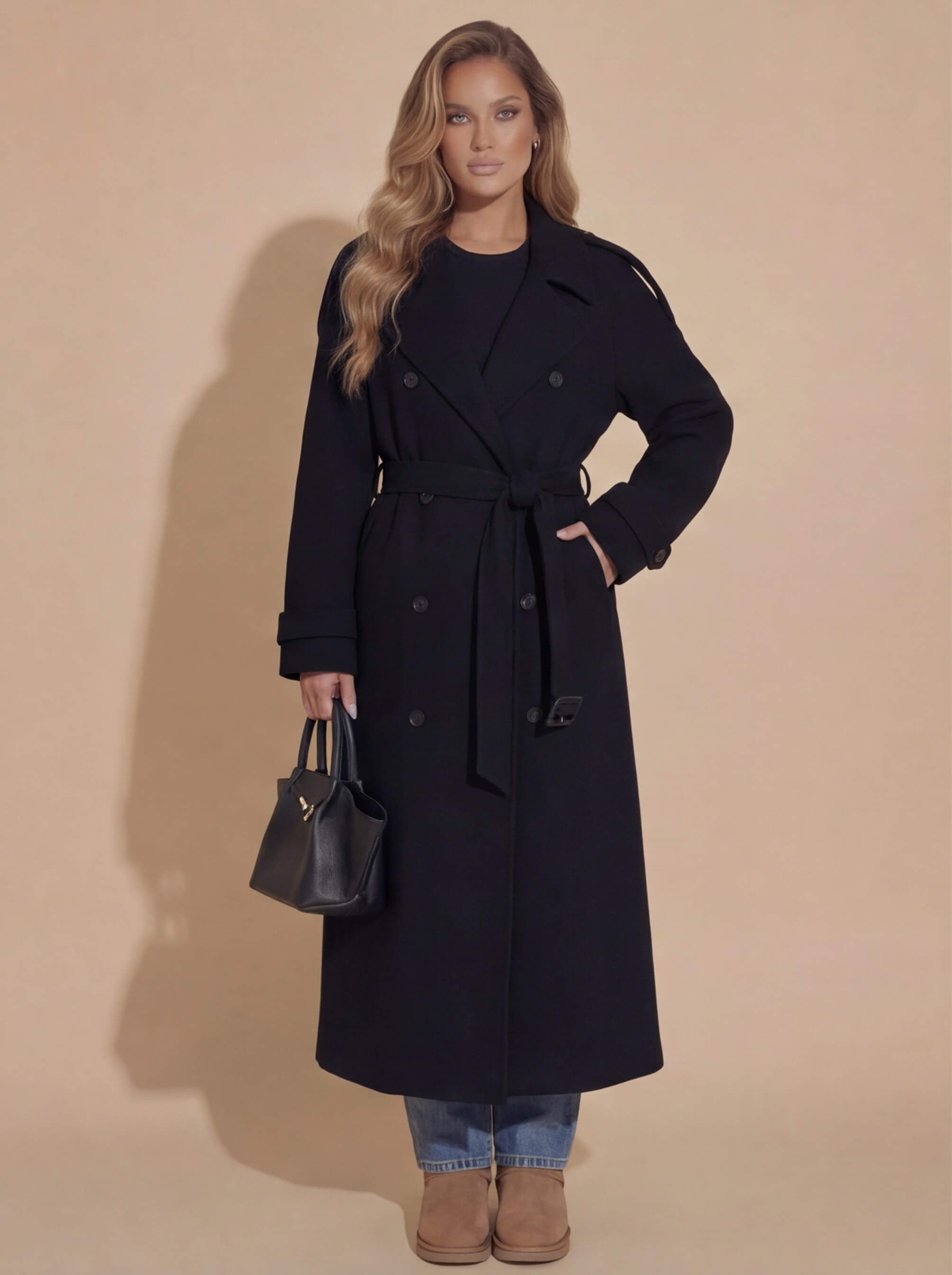 Damen Winter Trenchcoat – Oversize Wollmantel mit Bindegürtel