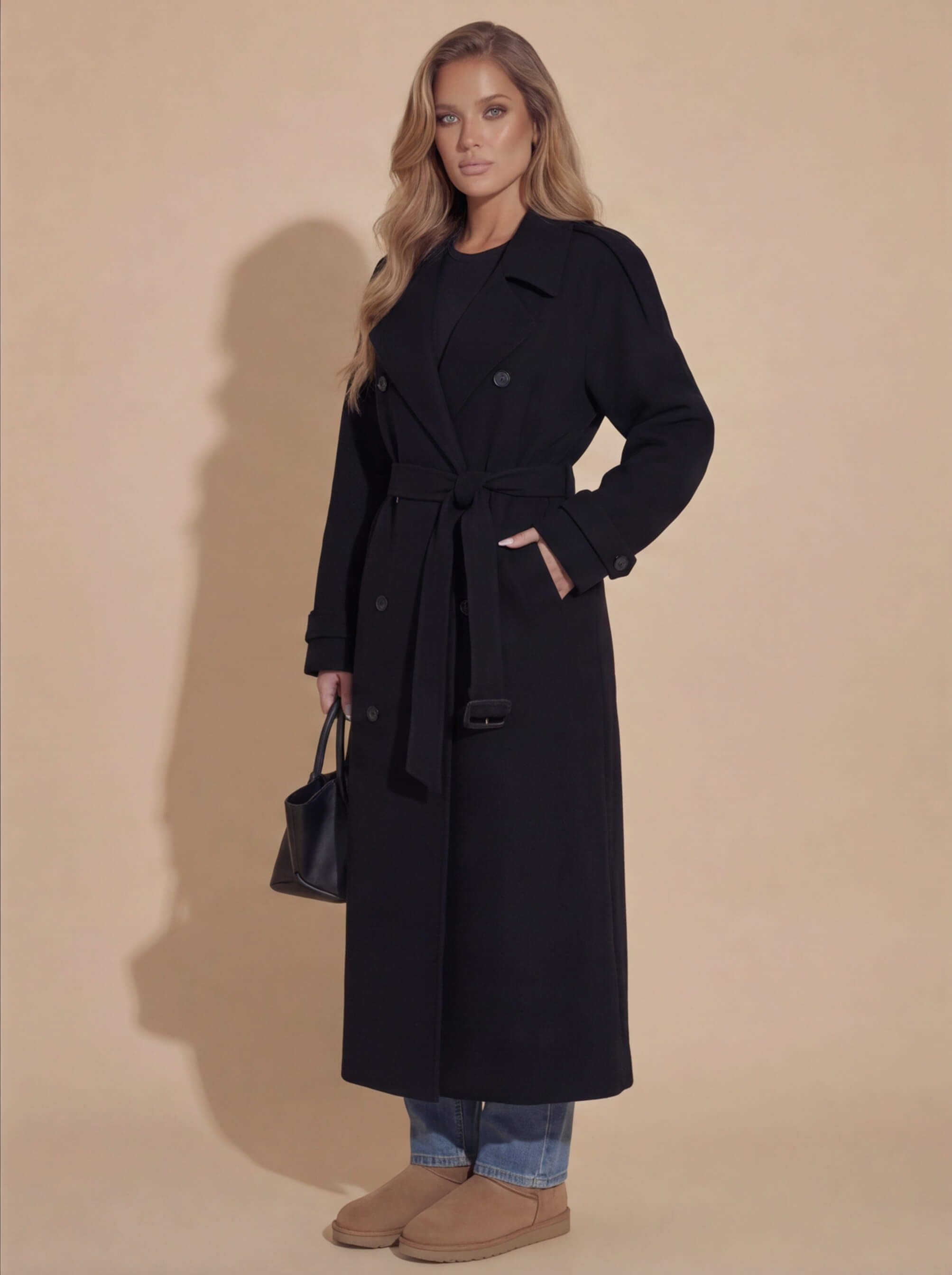 Damen Winter Trenchcoat – Oversize Wollmantel mit Bindegürtel