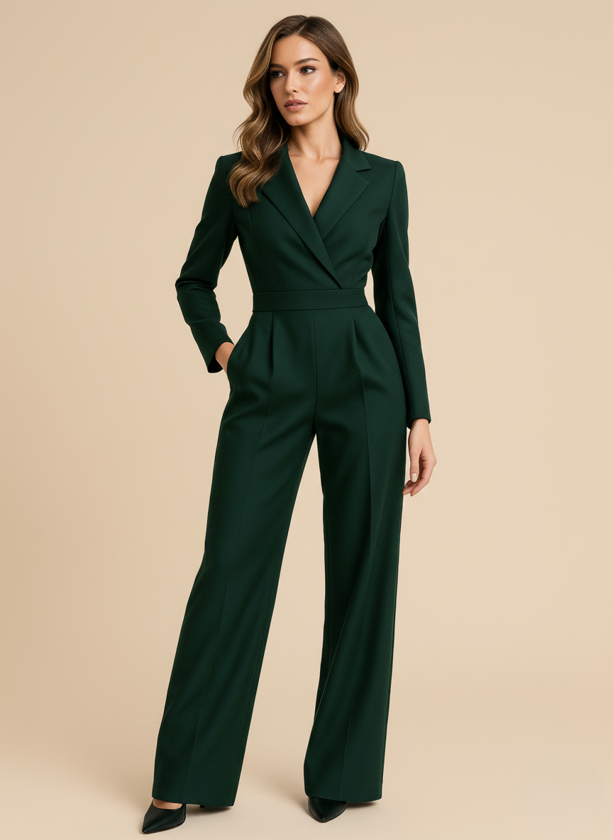 Damen Jumpsuit – Taillierter Langarm Jumpsuit mit Weitem Bein