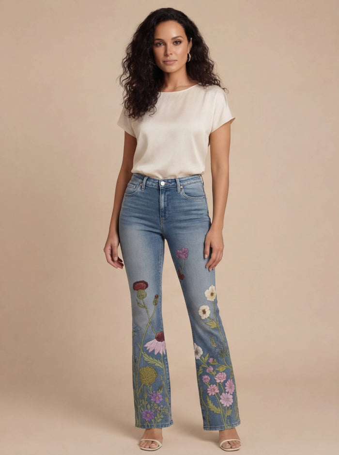 Damen Jeans – Bestickte Blumenjeans mit hohem Bund