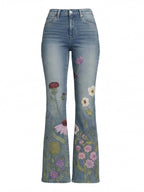 Damen Jeans – Bestickte Blumenjeans mit hohem Bund