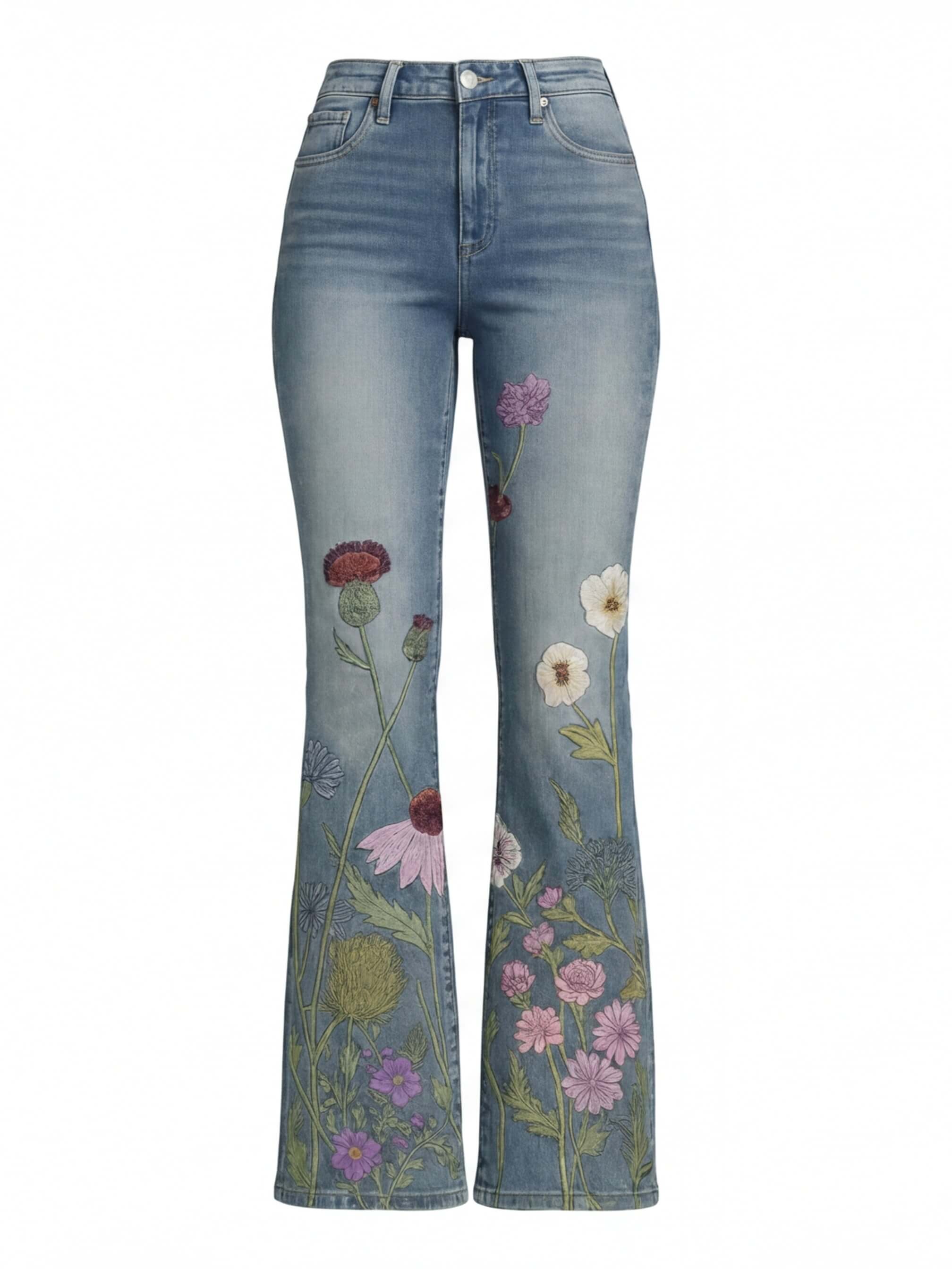 Damen Jeans – Bestickte Blumenjeans mit hohem Bund