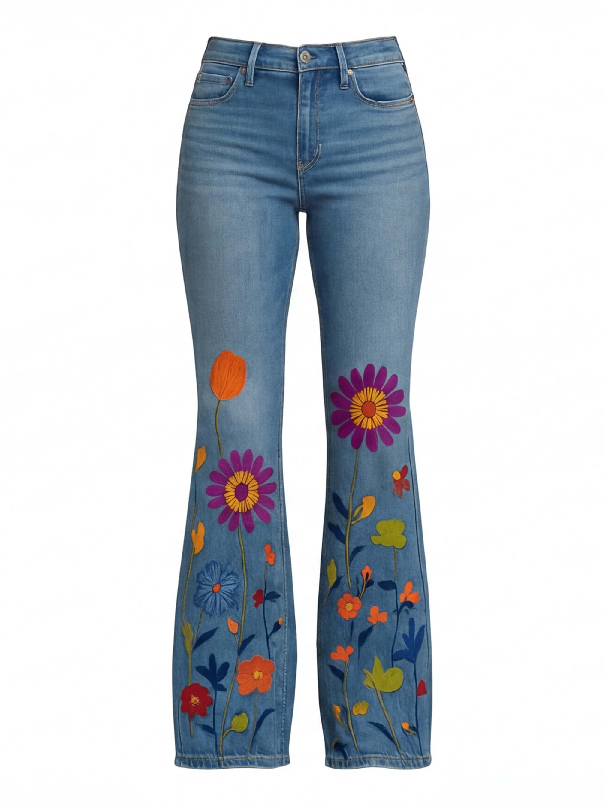 Damen Jeans – Bestickte Blumenjeans mit hohem Bund