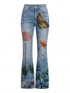 Damen Jeans – Bestickte Blumenjeans mit hohem Bund