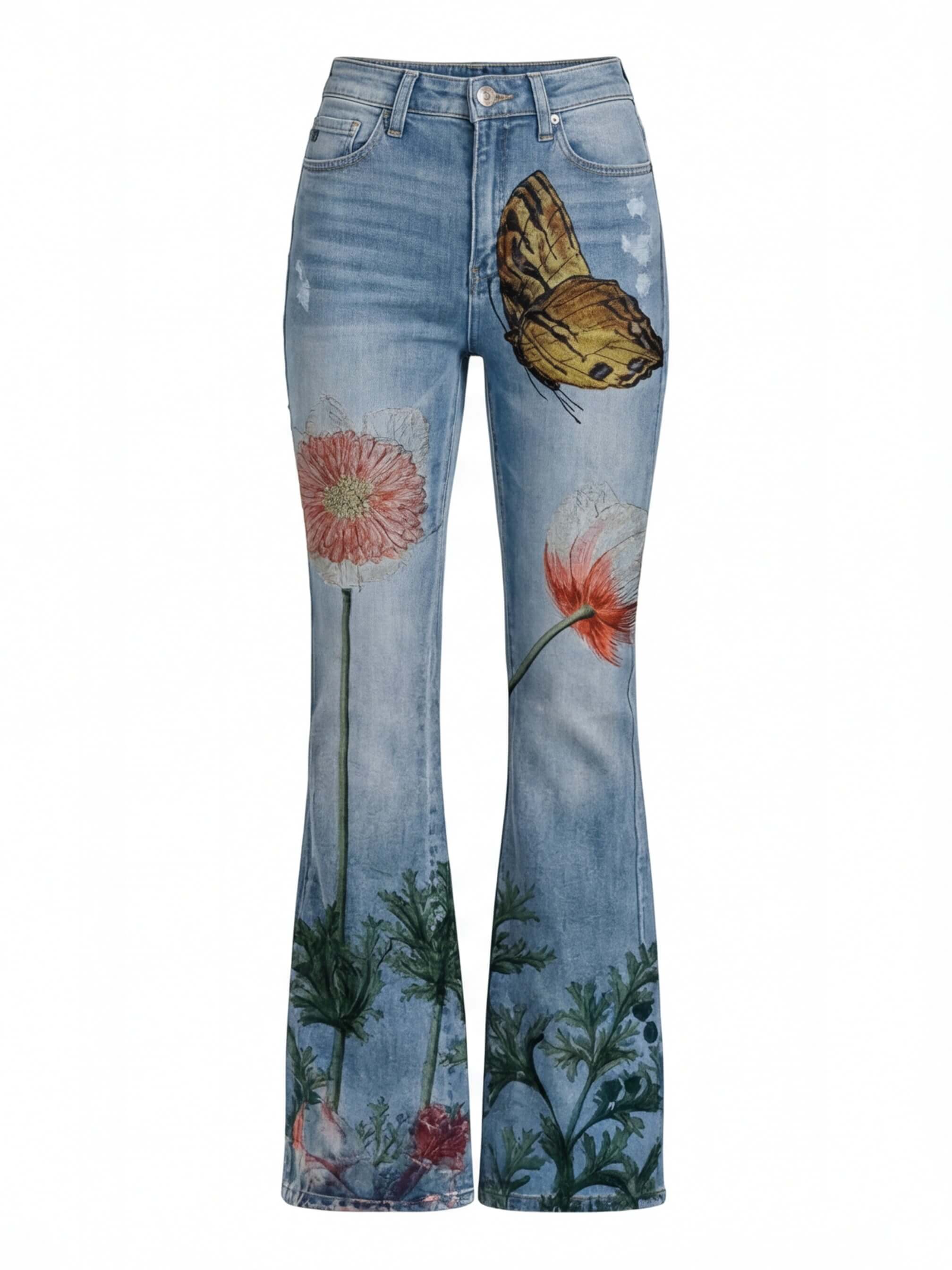 Damen Jeans – Bestickte Blumenjeans mit hohem Bund