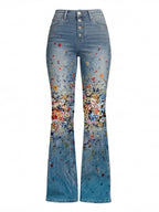 Damen Jeans – Bestickte Blumenjeans mit hohem Bund