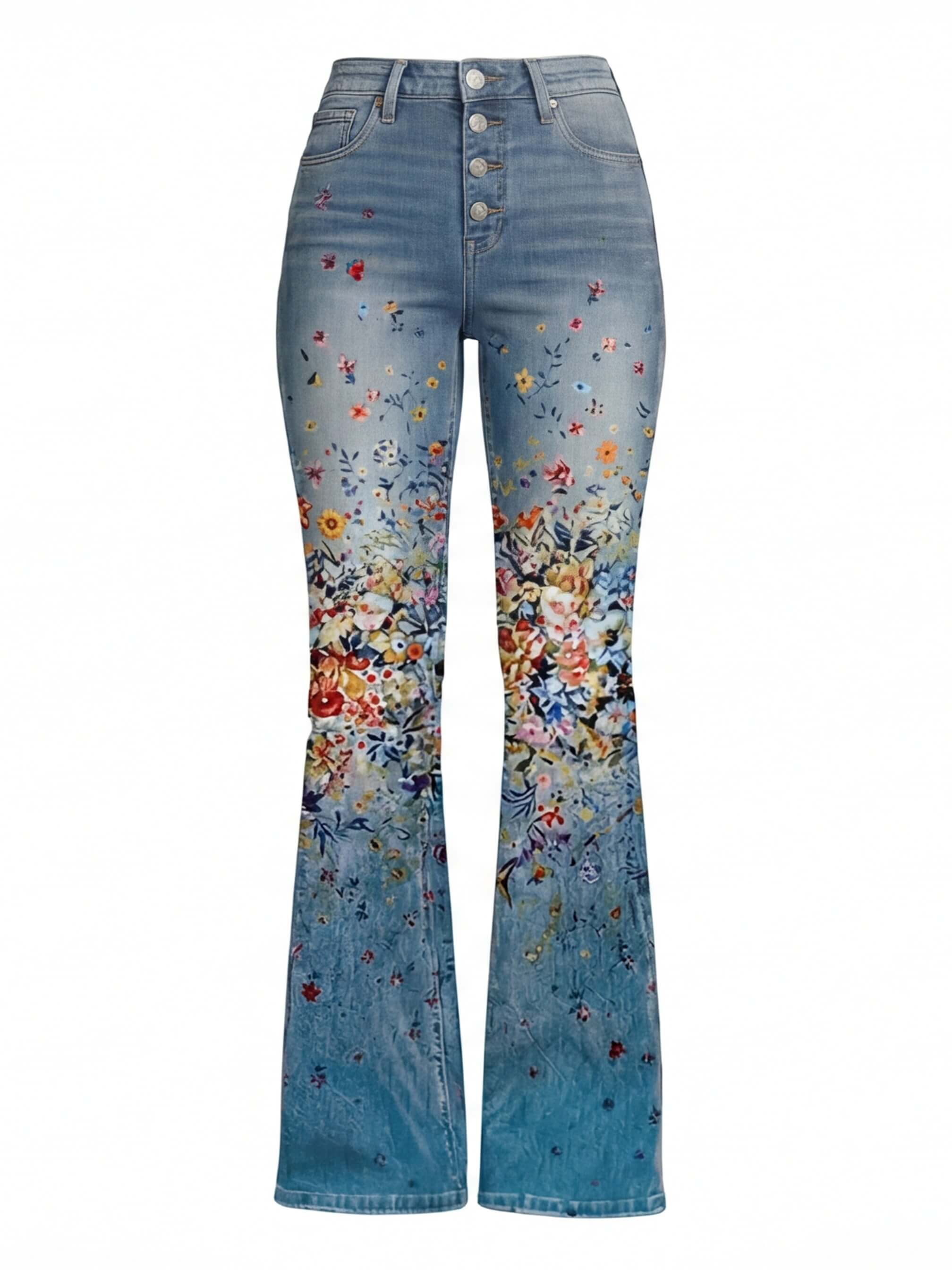 Damen Jeans – Bestickte Blumenjeans mit hohem Bund