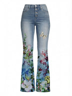 Damen Jeans – Bestickte Blumenjeans mit hohem Bund
