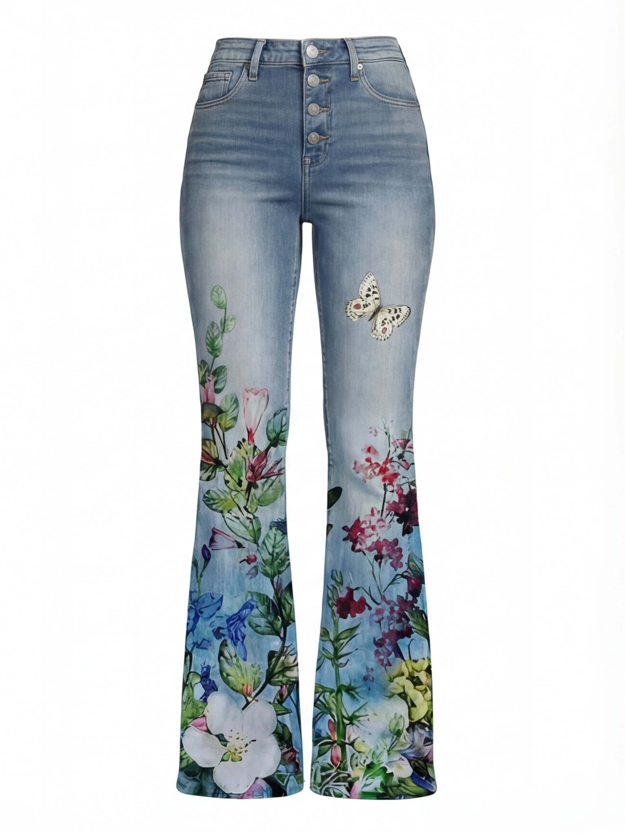 Damen Jeans – Bestickte Blumenjeans mit hohem Bund