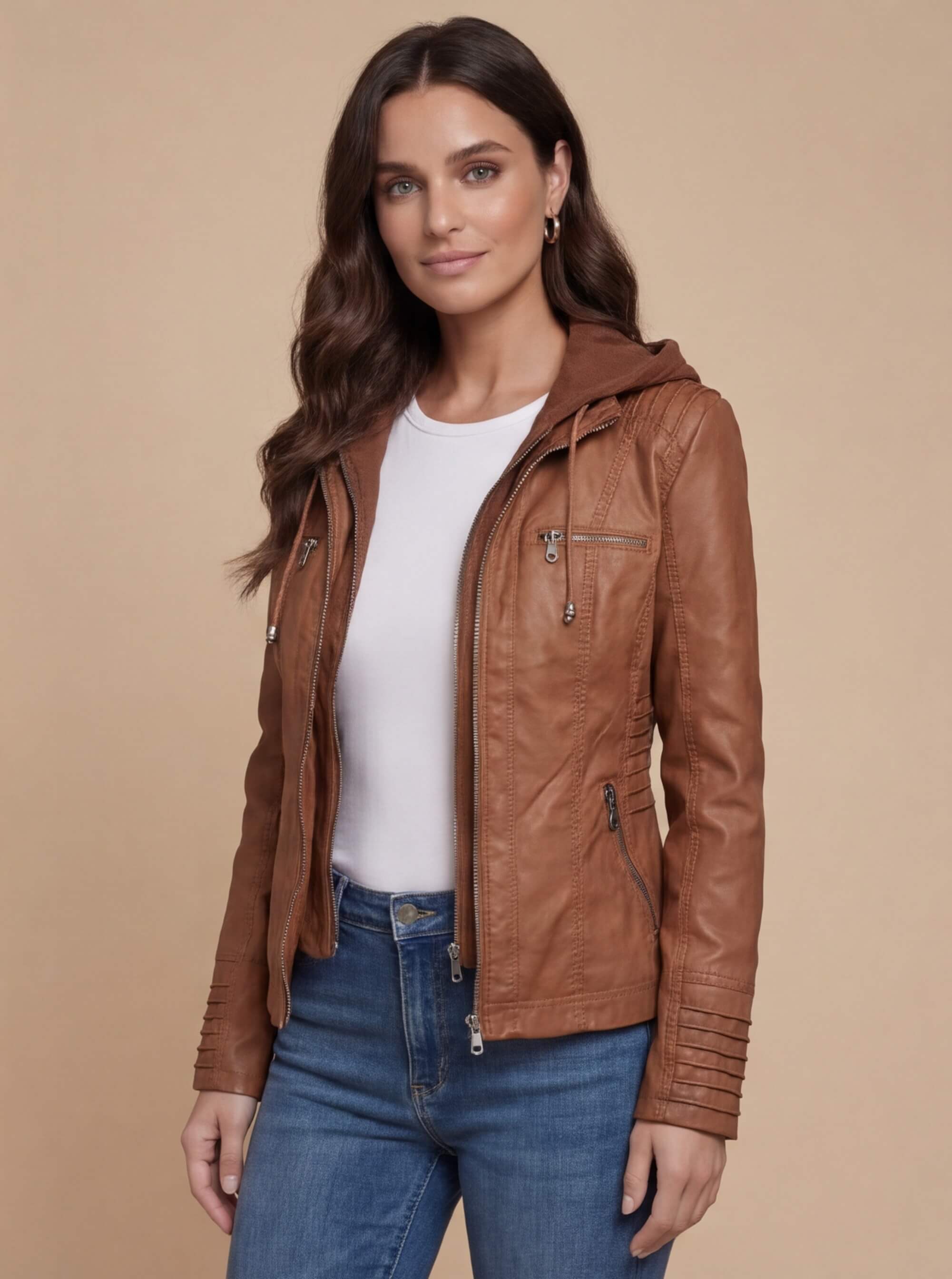 Damen Kunstlederjacke mit Kapuze - Wetterfest & Stilvoll