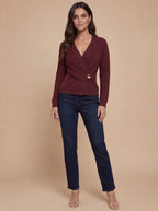 Damen Wickelpullover – Gerippter Strick mit asymmetrischem Saum