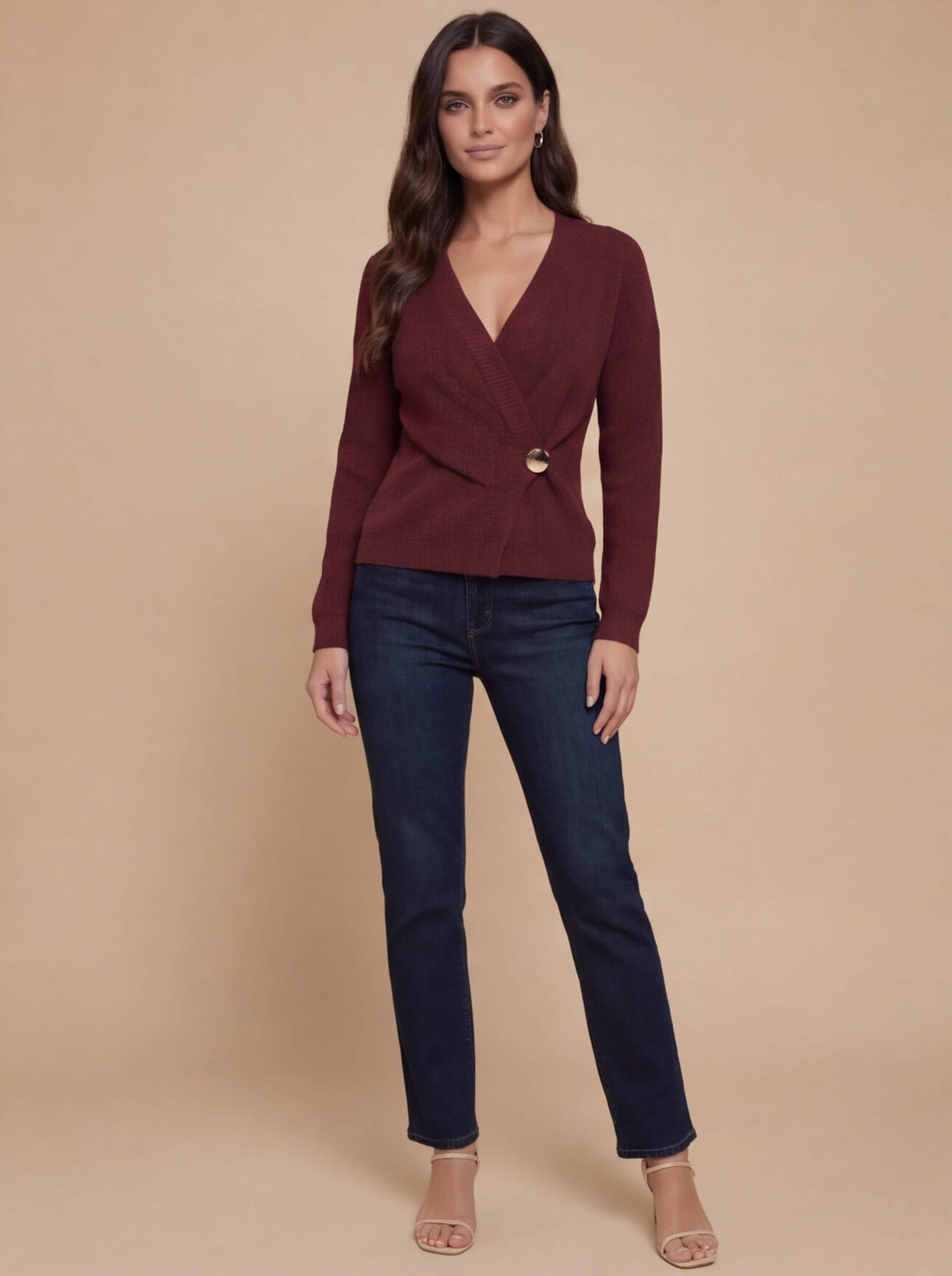 Damen Wickelpullover – Gerippter Strick mit asymmetrischem Saum