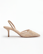 Damen Kitten-Heels Slingbacks – Elfenbein mit Stickerei