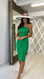 Julieta Gerafftes One-Shoulder Midi Kleid – Grün