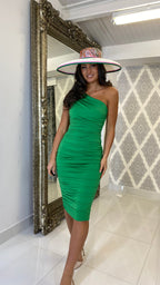 Julieta Gerafftes One-Shoulder Midi Kleid – Grün