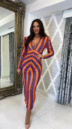 Liora Bedrucktes Langarm Midi Kleid – Orange/Lila