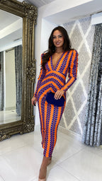 Liora Bedrucktes Langarm Midi Kleid – Orange/Lila