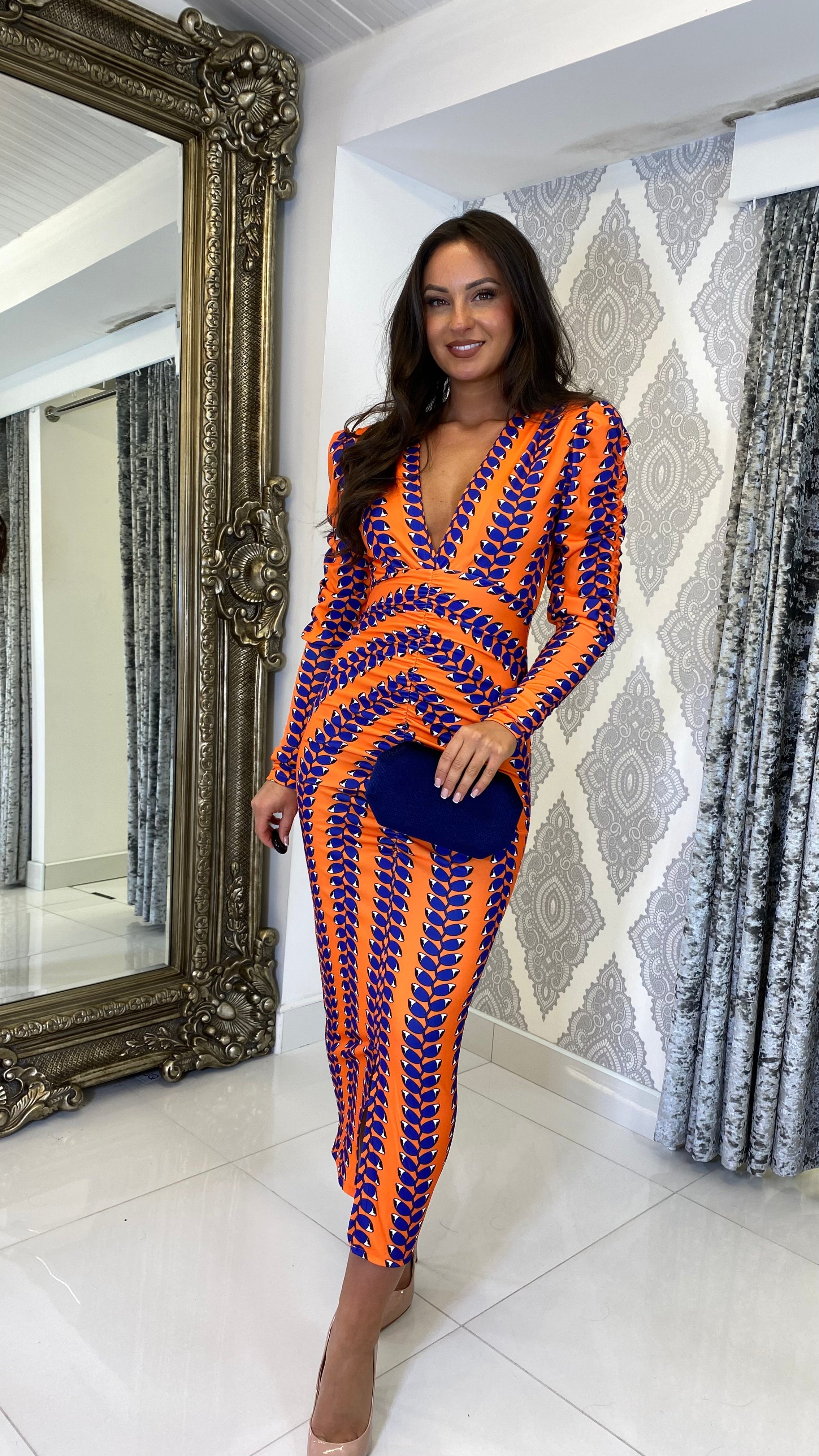 Liora Bedrucktes Langarm Midi Kleid – Orange/Lila