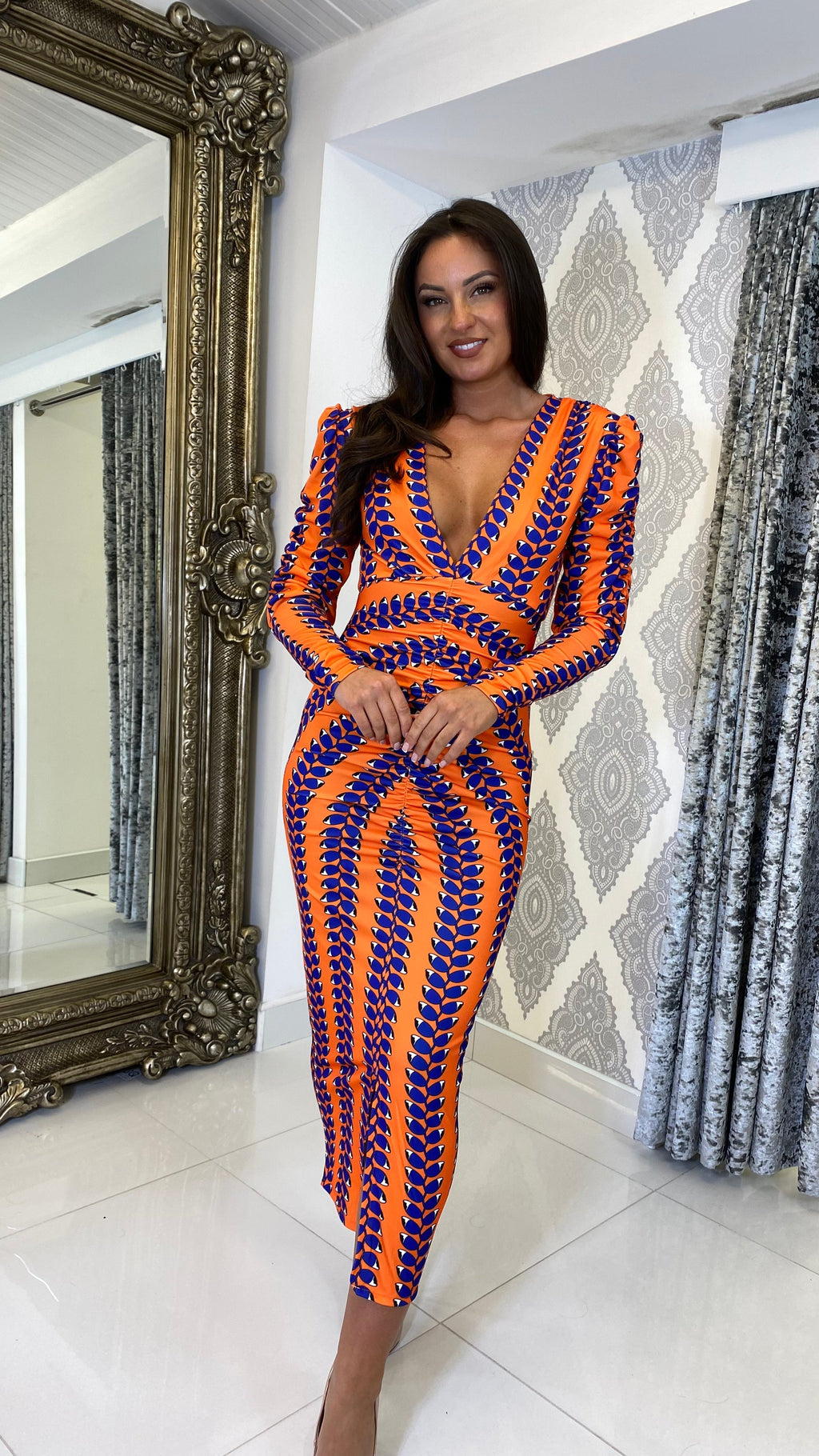 Liora Bedrucktes Langarm Midi Kleid – Orange/Lila