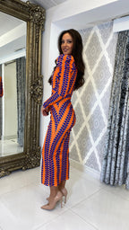 Liora Bedrucktes Langarm Midi Kleid – Orange/Lila